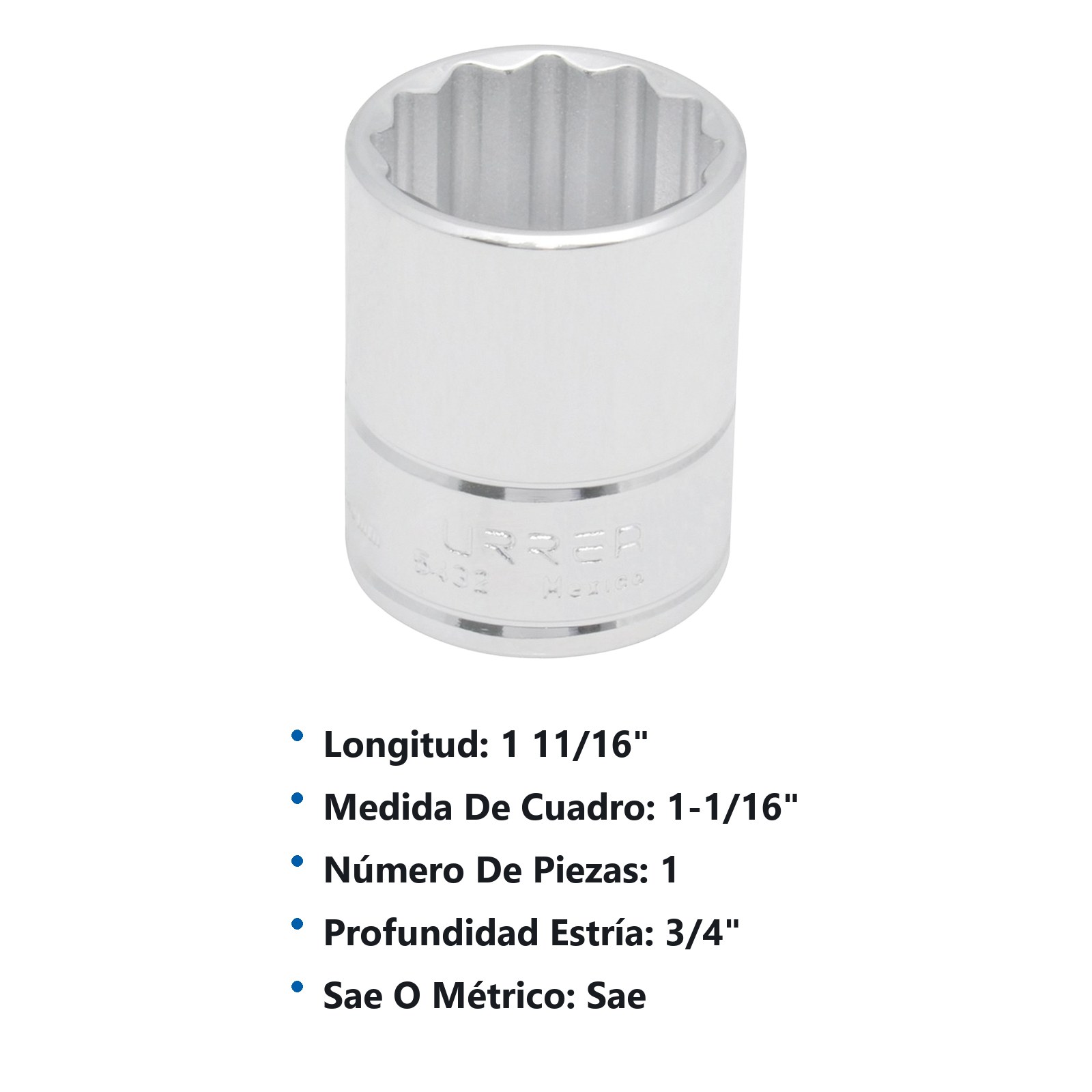 Dado cuadro de 1/2", 12 puntas, en pulgadas, 1-1/16" Urrea - Imagen 3