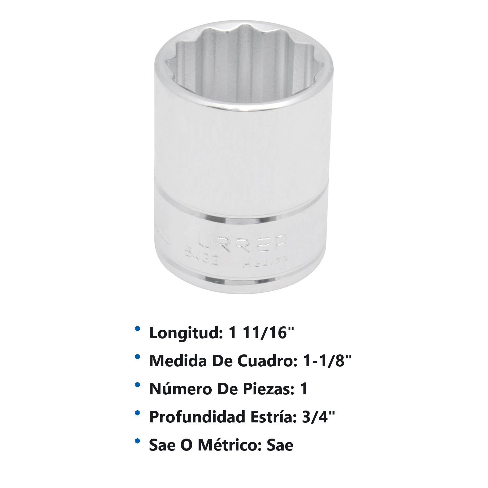 Dado cuadro de 1/2", 12 puntas, en pulgadas, 1-1/8" Urrea - Imagen 3