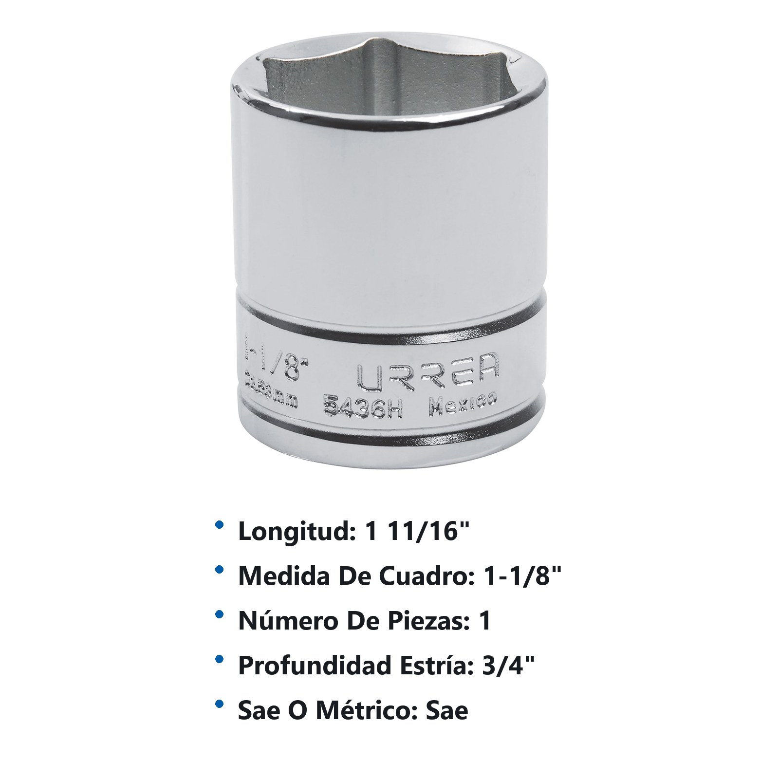 Dado cuadro de 1/2", 6 puntas, en pulgadas, 1-1/8" Urrea - Imagen 3