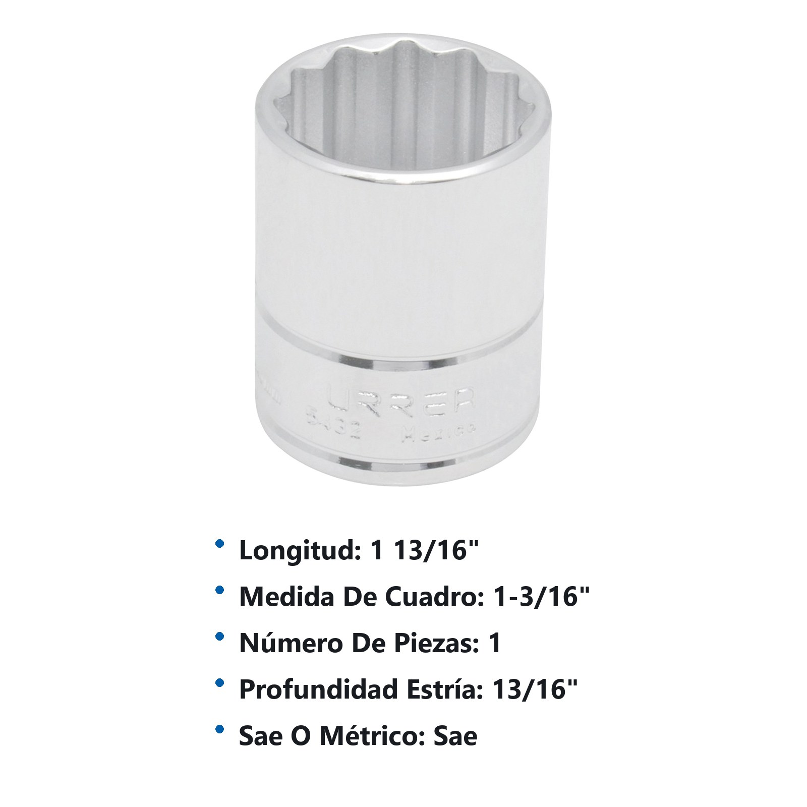 Dado cuadro de 1/2", 12 puntas, en pulgadas, 1-3/16" Urrea - Imagen 3