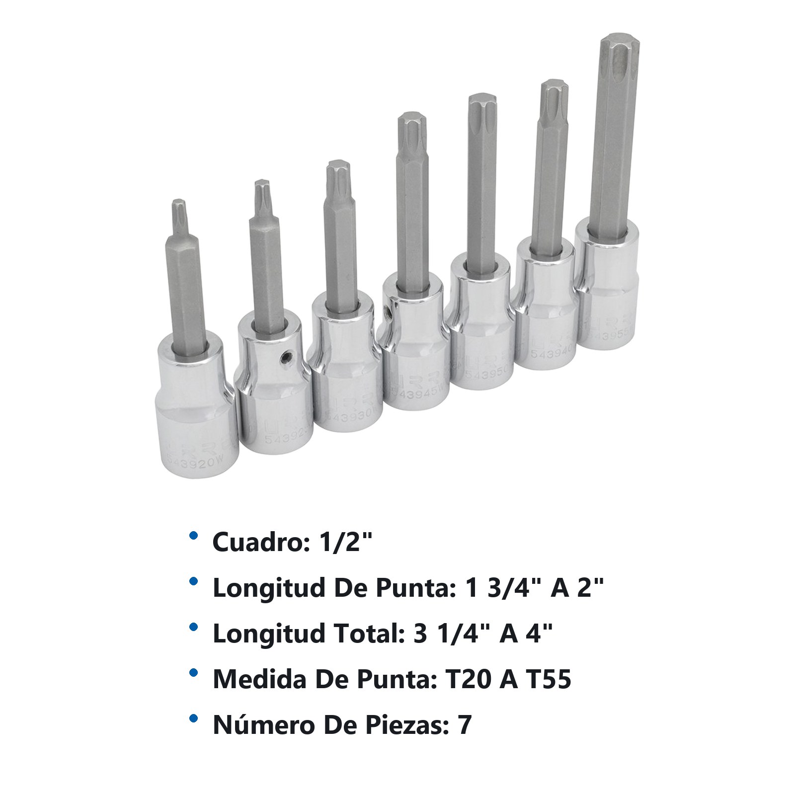Juego de dados con punta torx cuadro de 1/2", en riel, 7 piezas Urrea - Imagen 2