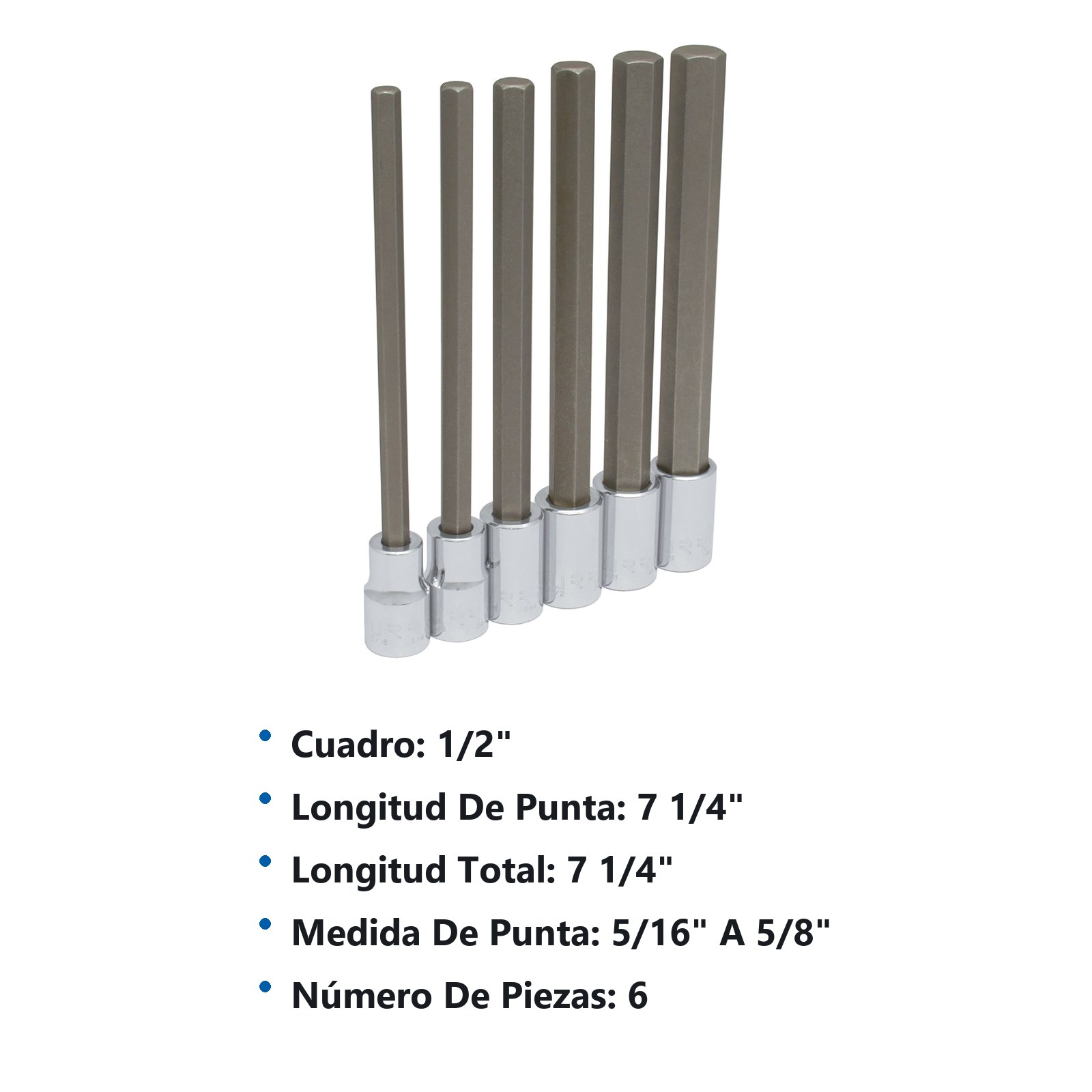 Juego de dados con punta hexagonal extra larga cuadro de 1/2", en pulgadas, 6 piezas Urrea - Imagen 2