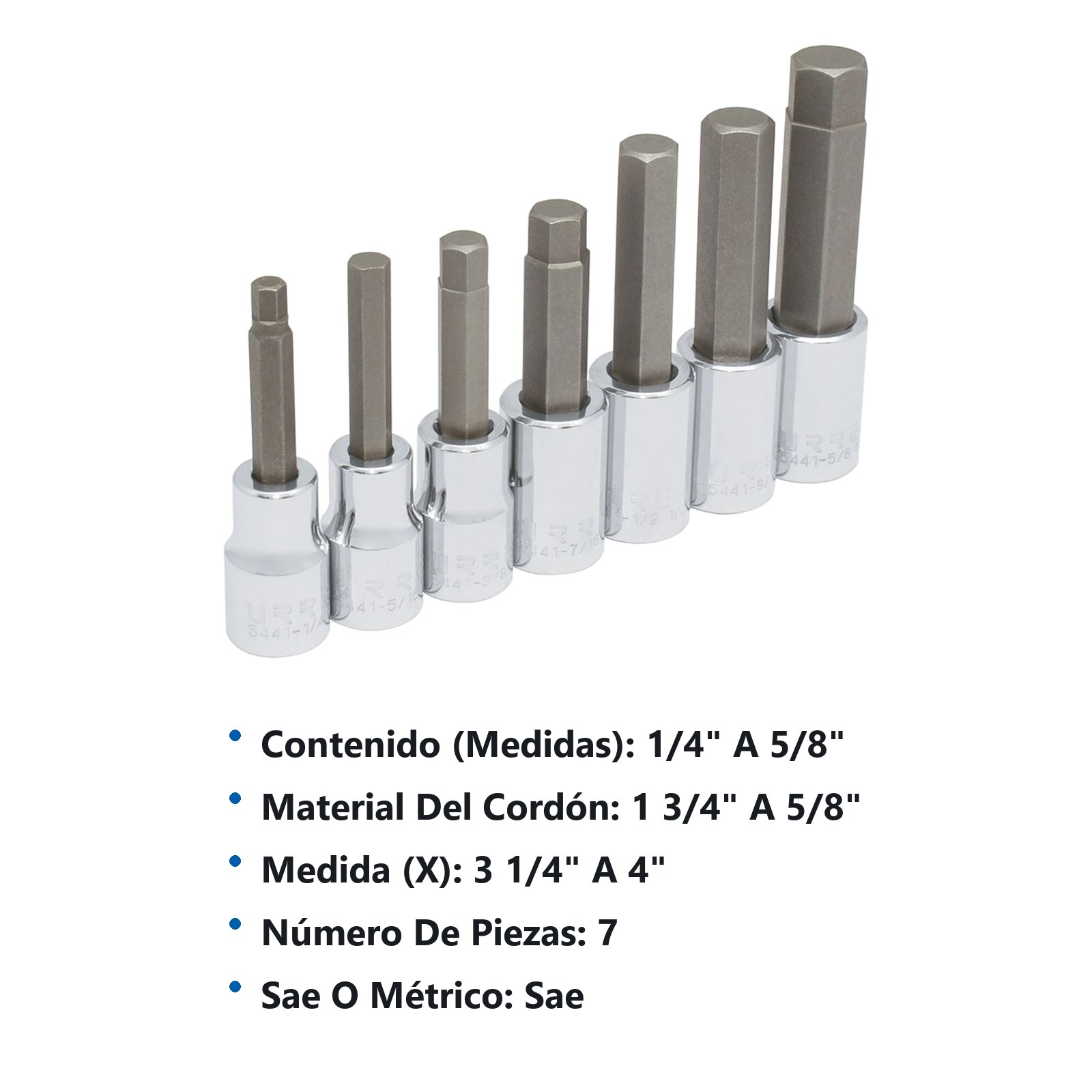 Juego de dados con punta hexagonal cuadro de 1/2", en pulgadas, 7 piezas Urrea - Imagen 2