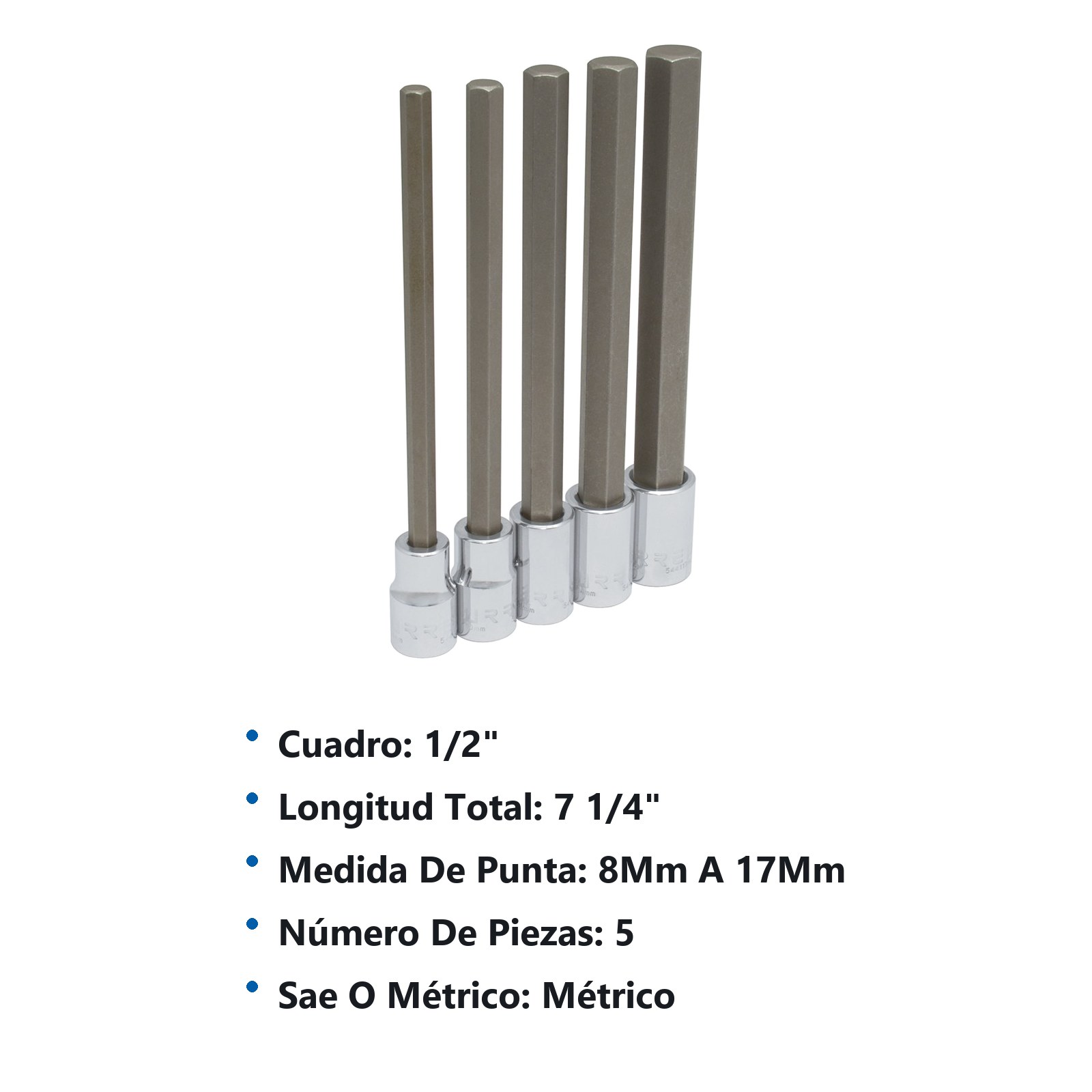 Juego de dados con punta hexagonal extra larga cuadro de 1/2", métricos, 5 piezas Urrea - Imagen 3