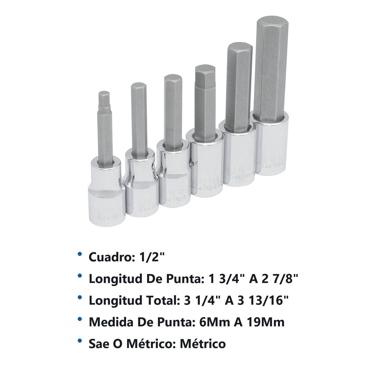 Juego de dados con punta hexagonal cuadro de 1/2", métricos, 6 piezas Urrea - Imagen 2