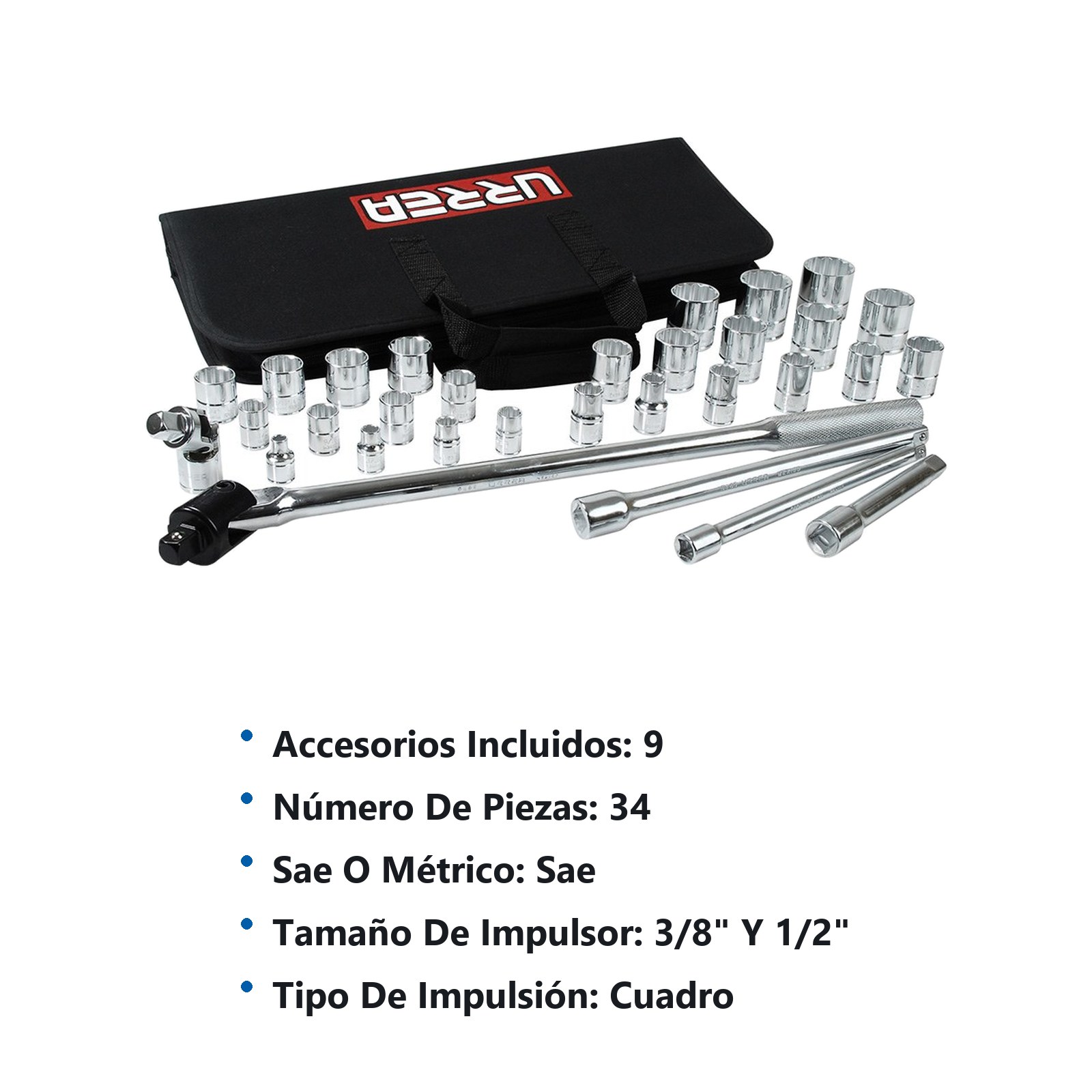 Juego de dados y accesorios cuadro de 3/8" y 1/2" en pulgadas, 35 piezas Urrea - Imagen 2