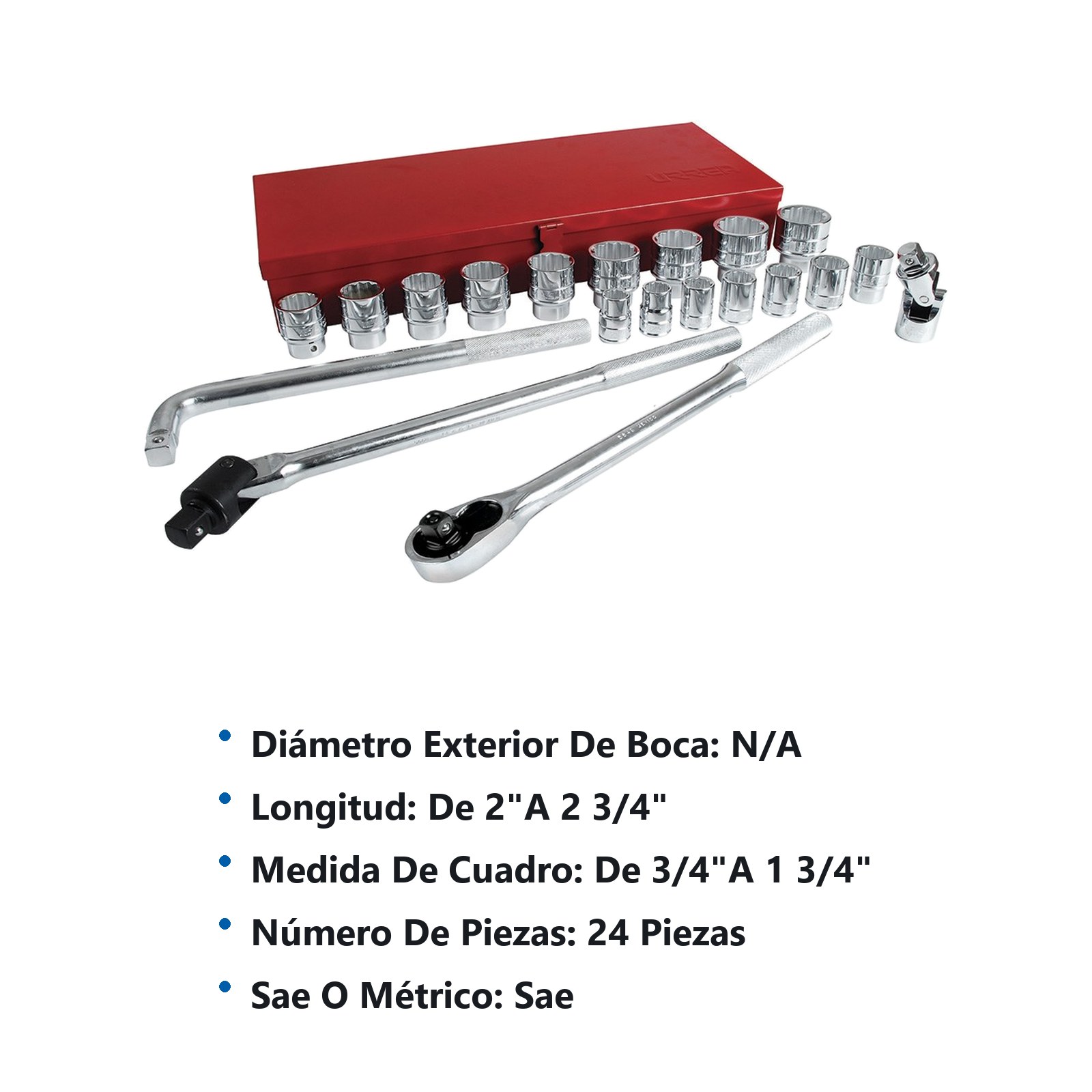 Juego de dados y accesorios cuadro de 3/4" en pulgadas, 24 piezas Urrea - Imagen 3