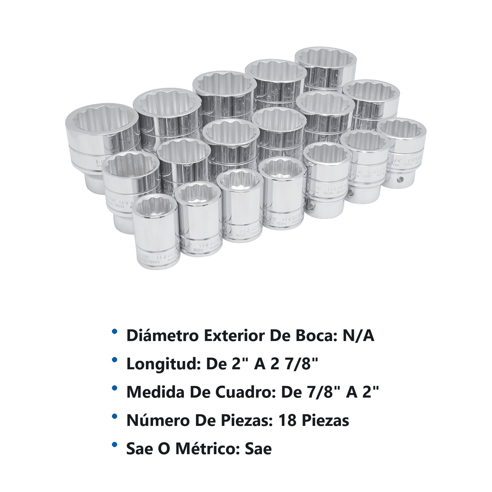 Juego de dados cuadro de 3/4", 12 puntas, en pulgadas, 18 piezas Urrea - Imagen 2
