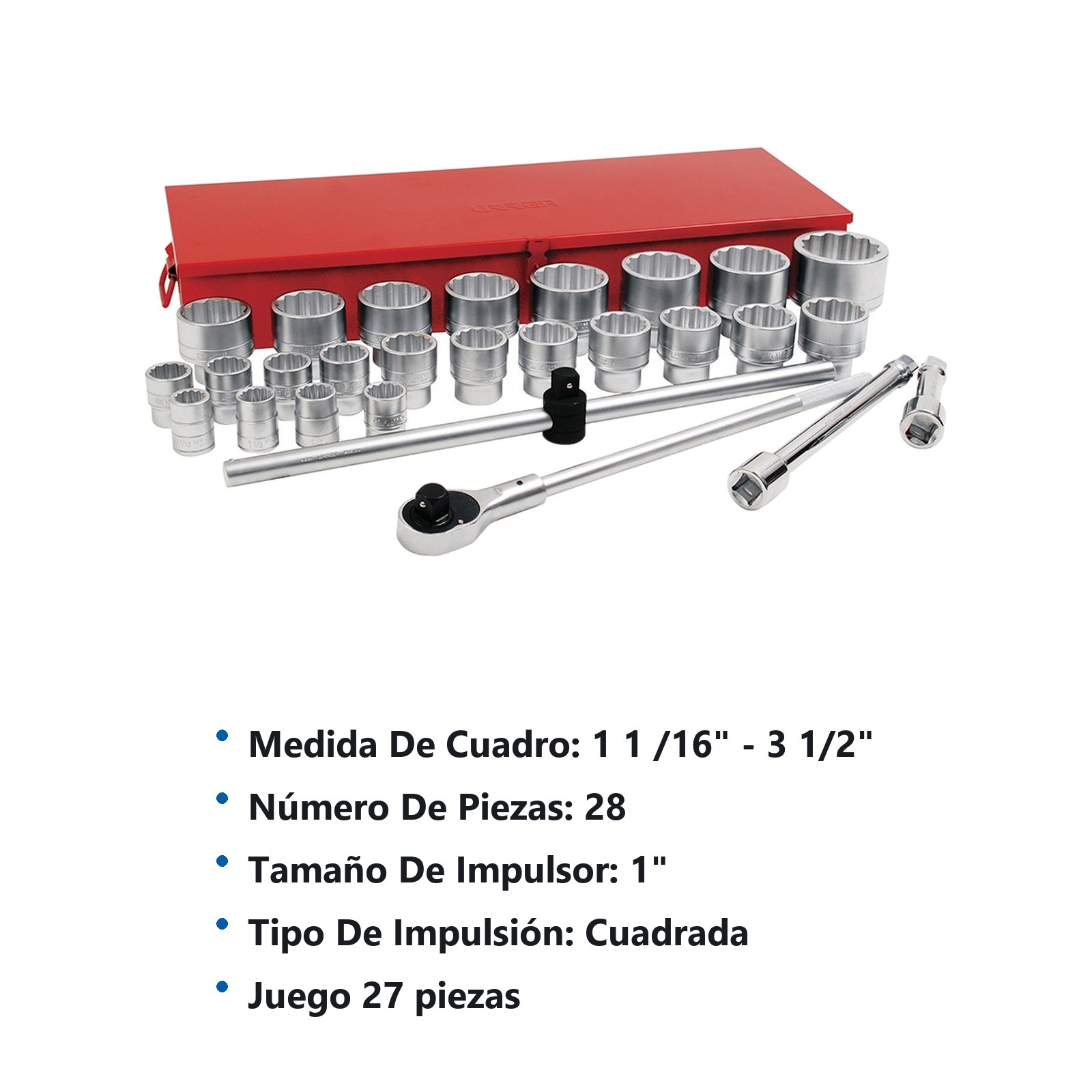 Juego de dados y accesorios cuadro de 1" en pulgadas, 28 piezas Urrea - Imagen 2