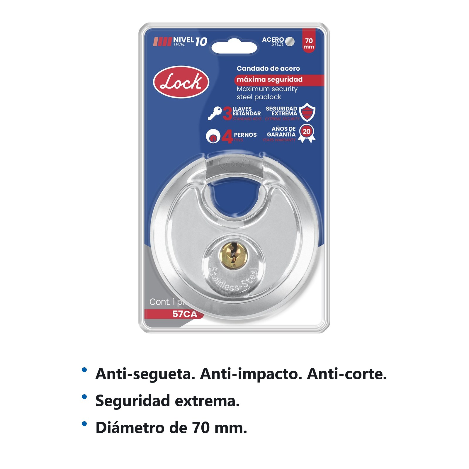 Candado de máxima seguridad tipo disco 70 mm, llave estándar Lock - Imagen 2