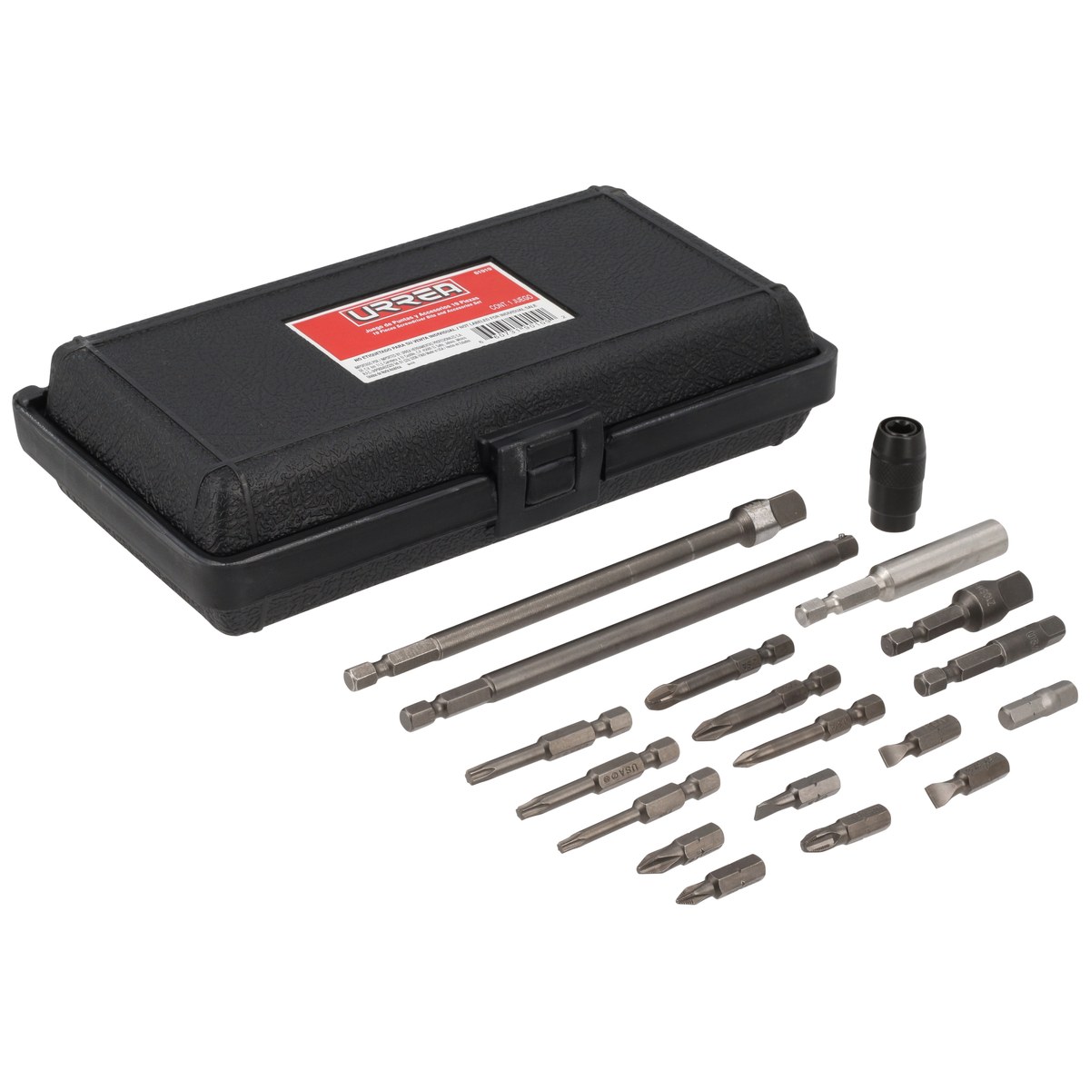 Juego de puntas y accesorios cuadro de 1/4", 19 piezas en caja plástica Urrea - Imagen 2