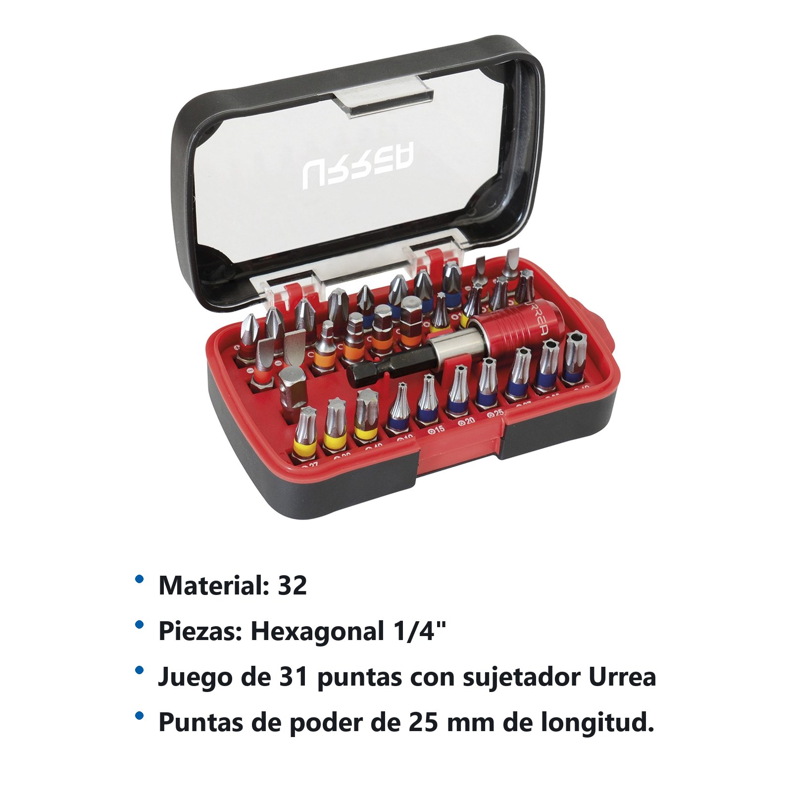 Juego combinado de puntas hexágono de 1/4" con accesorios de poder, 32 pz en caja plástica Urrea - Imagen 2