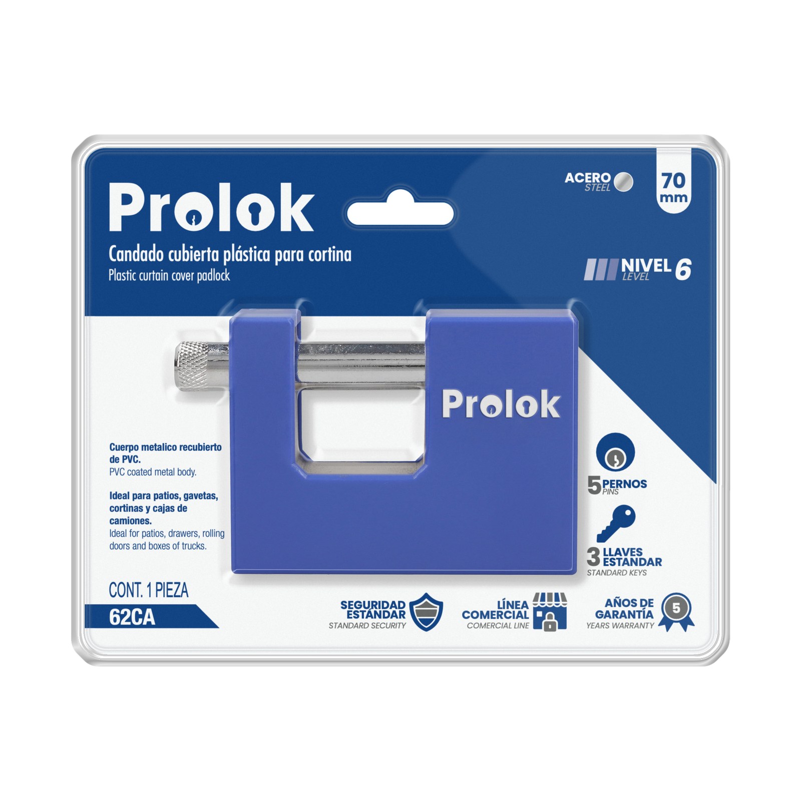 Candado de acero con cubierta plástica de PVC 70 mm, llave estándar Prolok - Imagen 2
