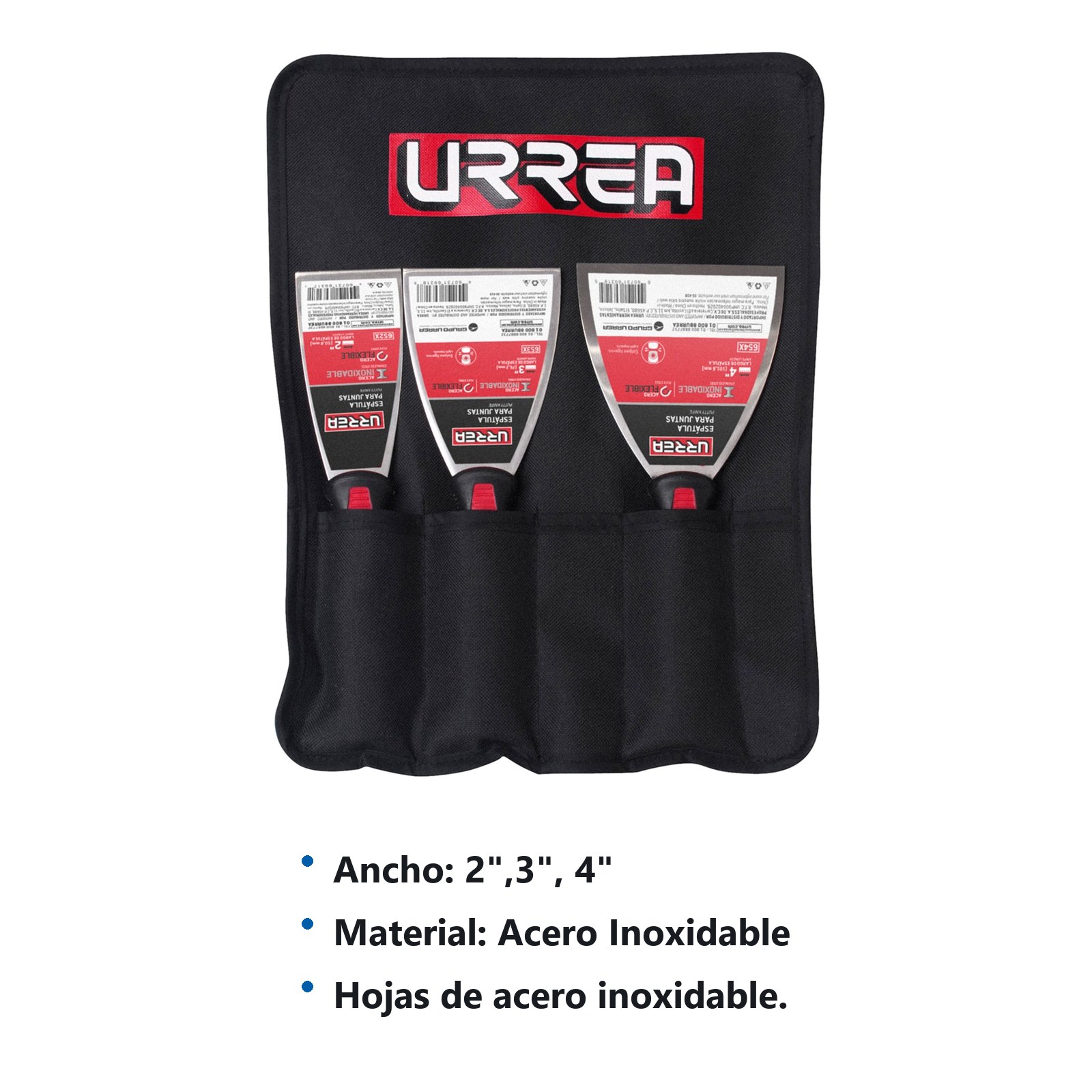 Juego de espátulas flexibles de acero inoxidable con mango bimaterial, 3 piezas Urrea - Imagen 2