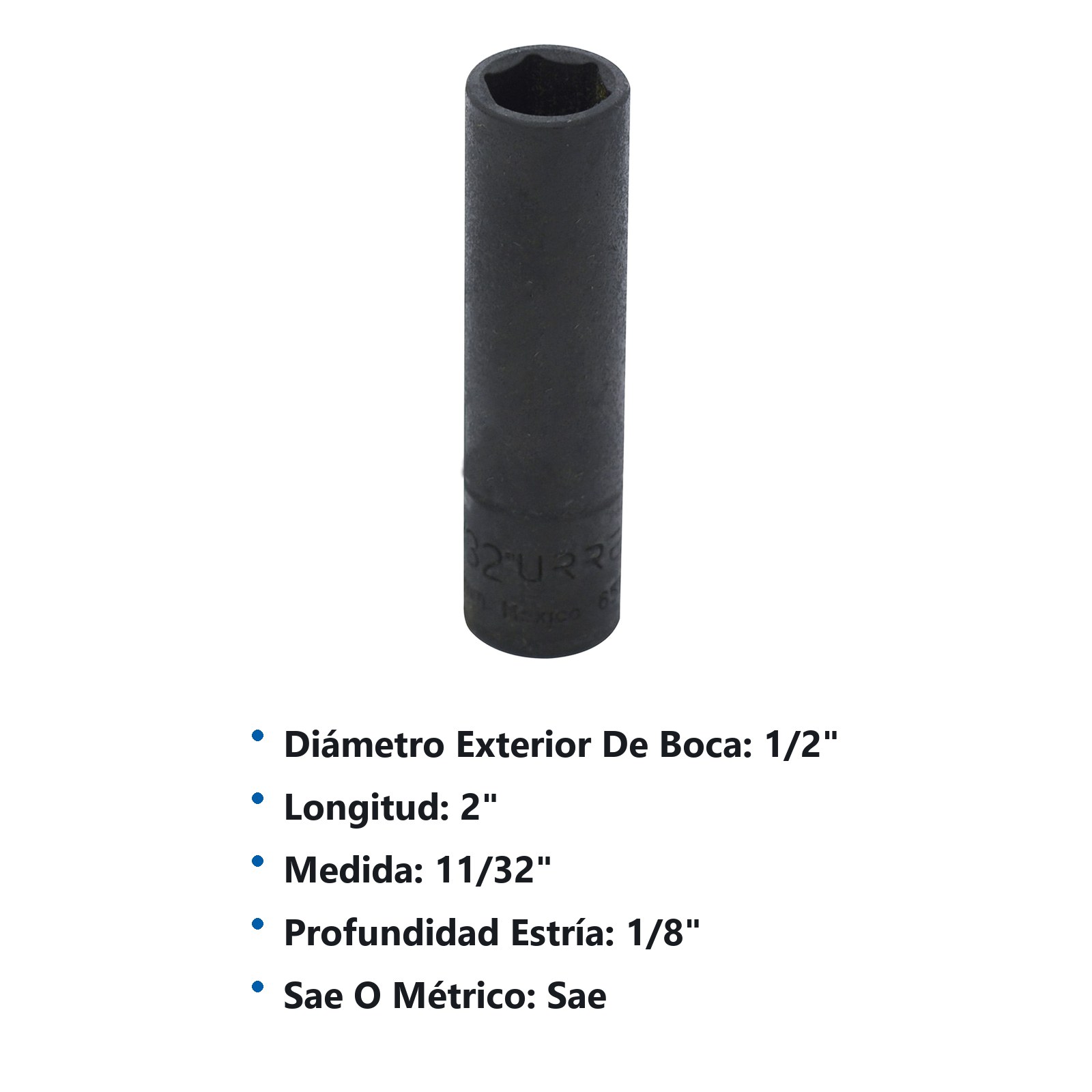 Dado de impacto largo cuadro de 1/4", 6 puntas, en pulgadas, 11/32" Urrea - Imagen 3