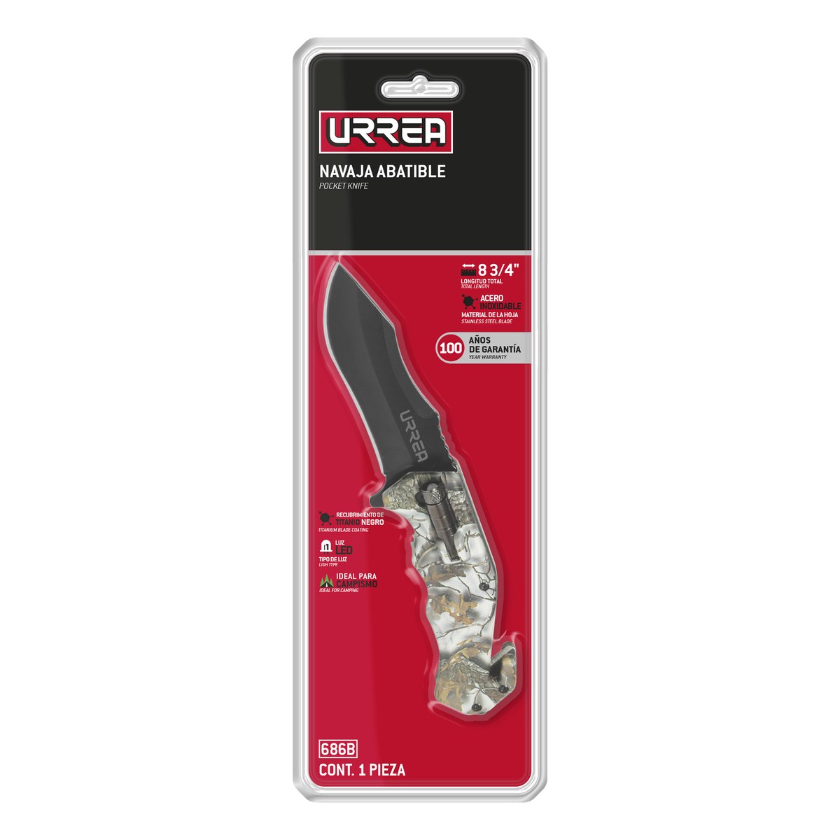 Navaja abatible de acero inoxidable para campamento con luz Urrea - Imagen 2
