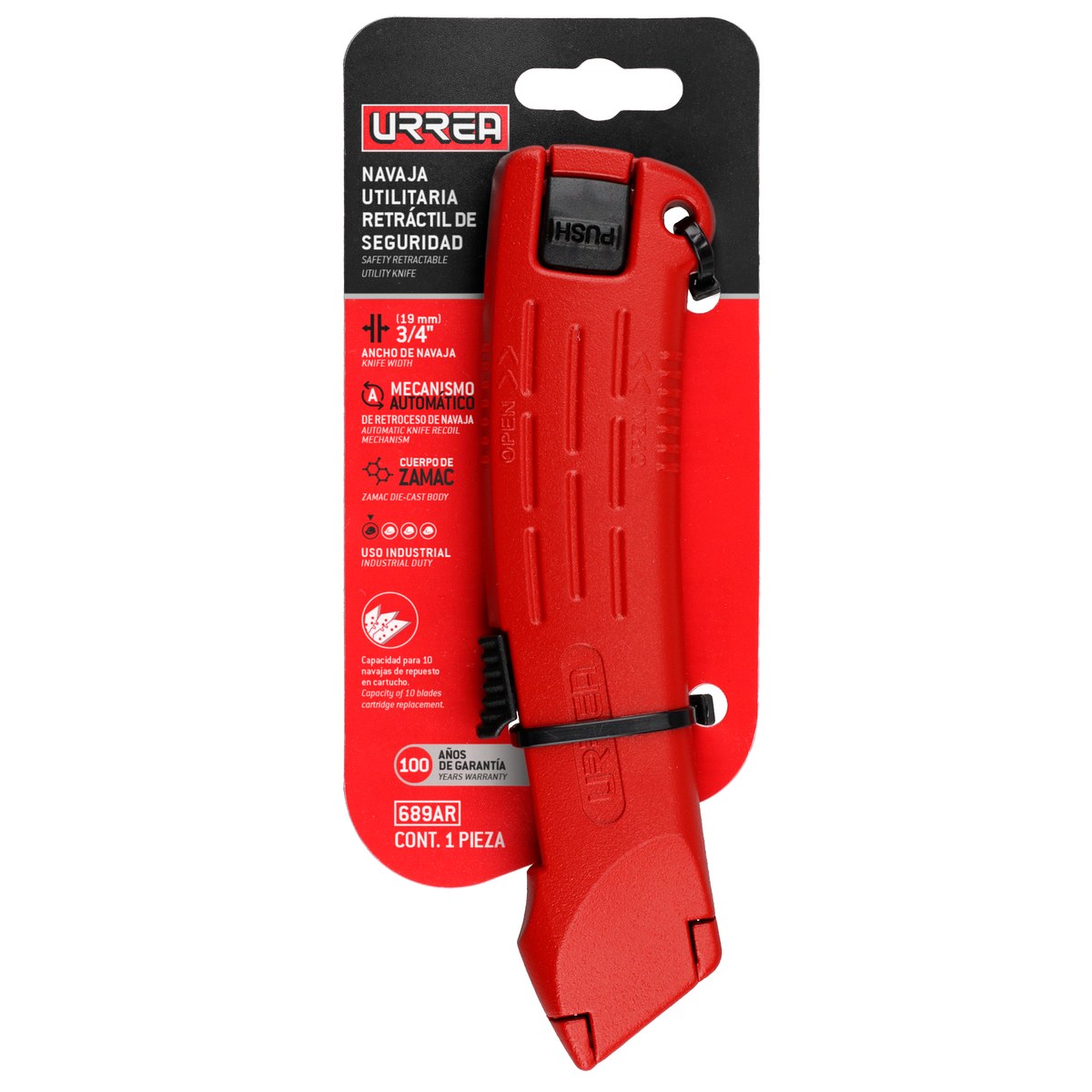 Navaja utilitaria retráctil automática de seguridad de 6-3/4" , cuerpo de zamac Urrea - Imagen 2