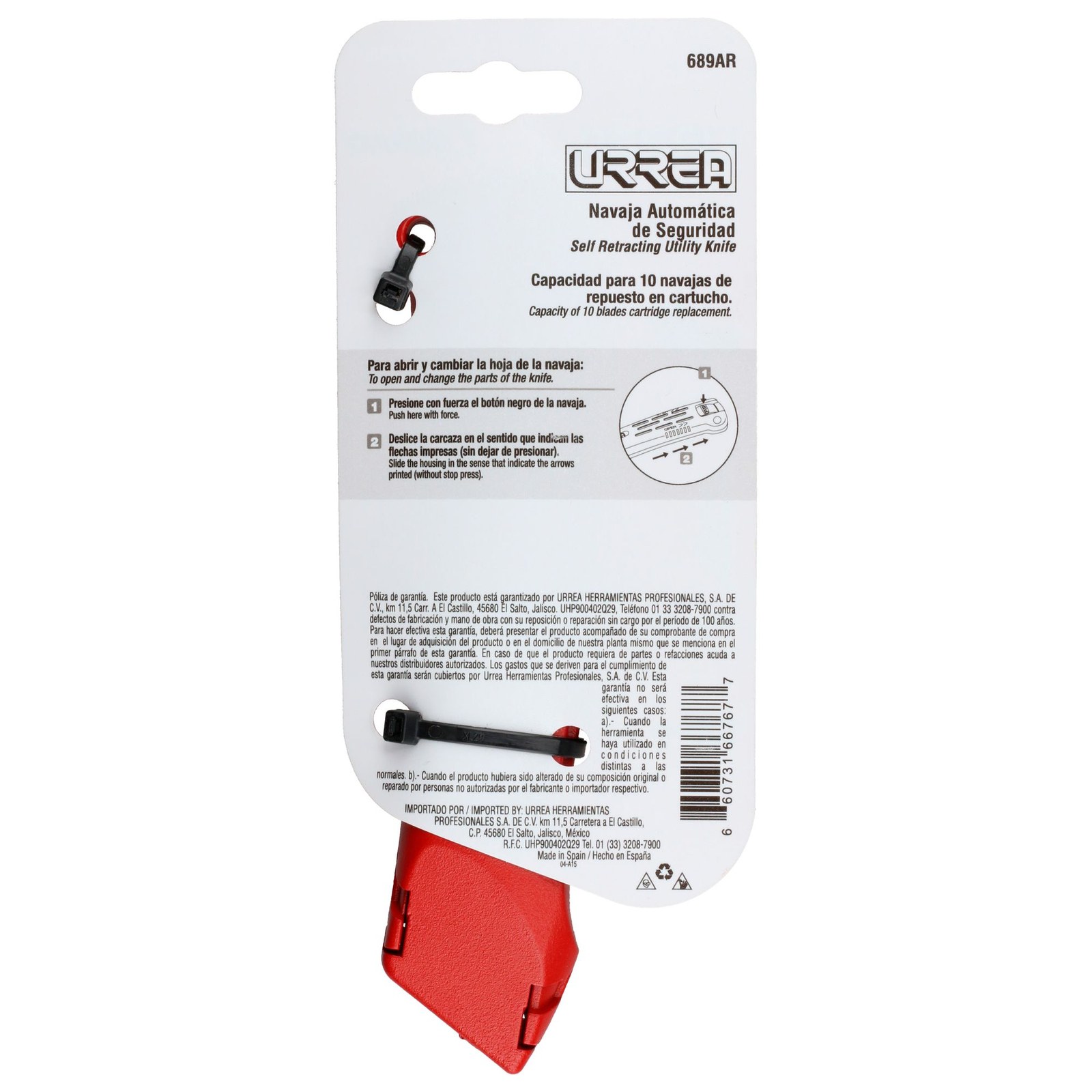 Navaja utilitaria retráctil automática de seguridad de 6-3/4" , cuerpo de zamac Urrea - Imagen 3