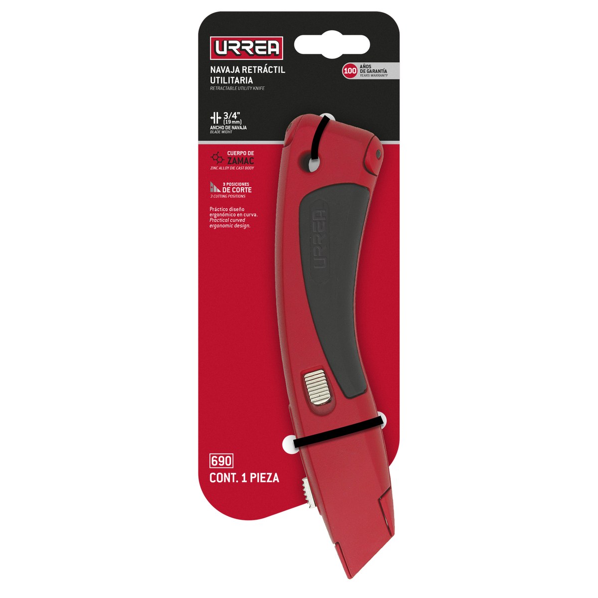 Navaja utilitaria retráctil curva de 7-1/2", cuerpo de zamac Urrea - Imagen 2