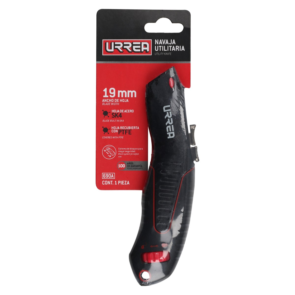 Navaja utilitaria retráctil curva de 7", hoja recubierta con PTFE Urrea - Imagen 4