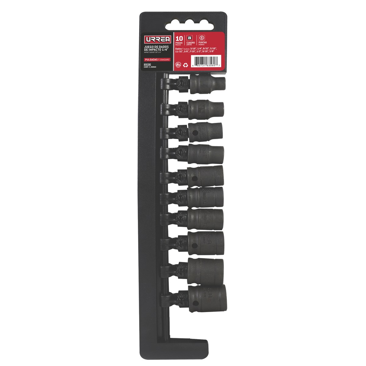 Juego de dados de impacto cuadro de 1/4", 6 puntas, en pulgadas, 10 piezas Urrea - Imagen 2