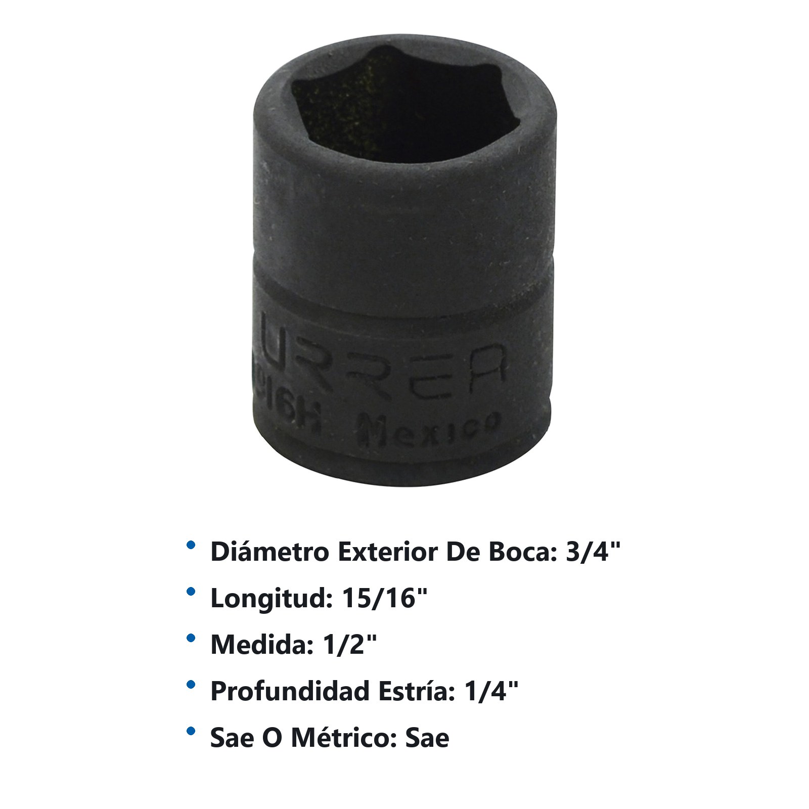 Dado de impacto cuadro de 1/4", 6 puntas, en pulgadas, 1/2" Urrea - Imagen 3