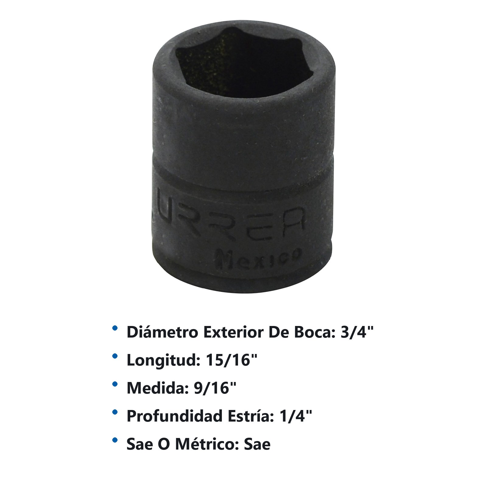 Dado de impacto cuadro de 1/4", 6 puntas, en pulgadas, 9/16" Urrea - Imagen 3