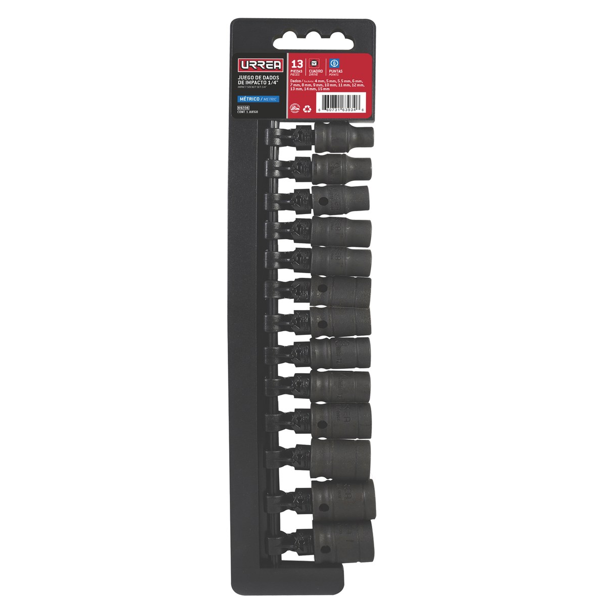 Juego de dados de impacto cuadro de 1/4", 6 puntas, métricos, 13 piezas Urrea - Imagen 2