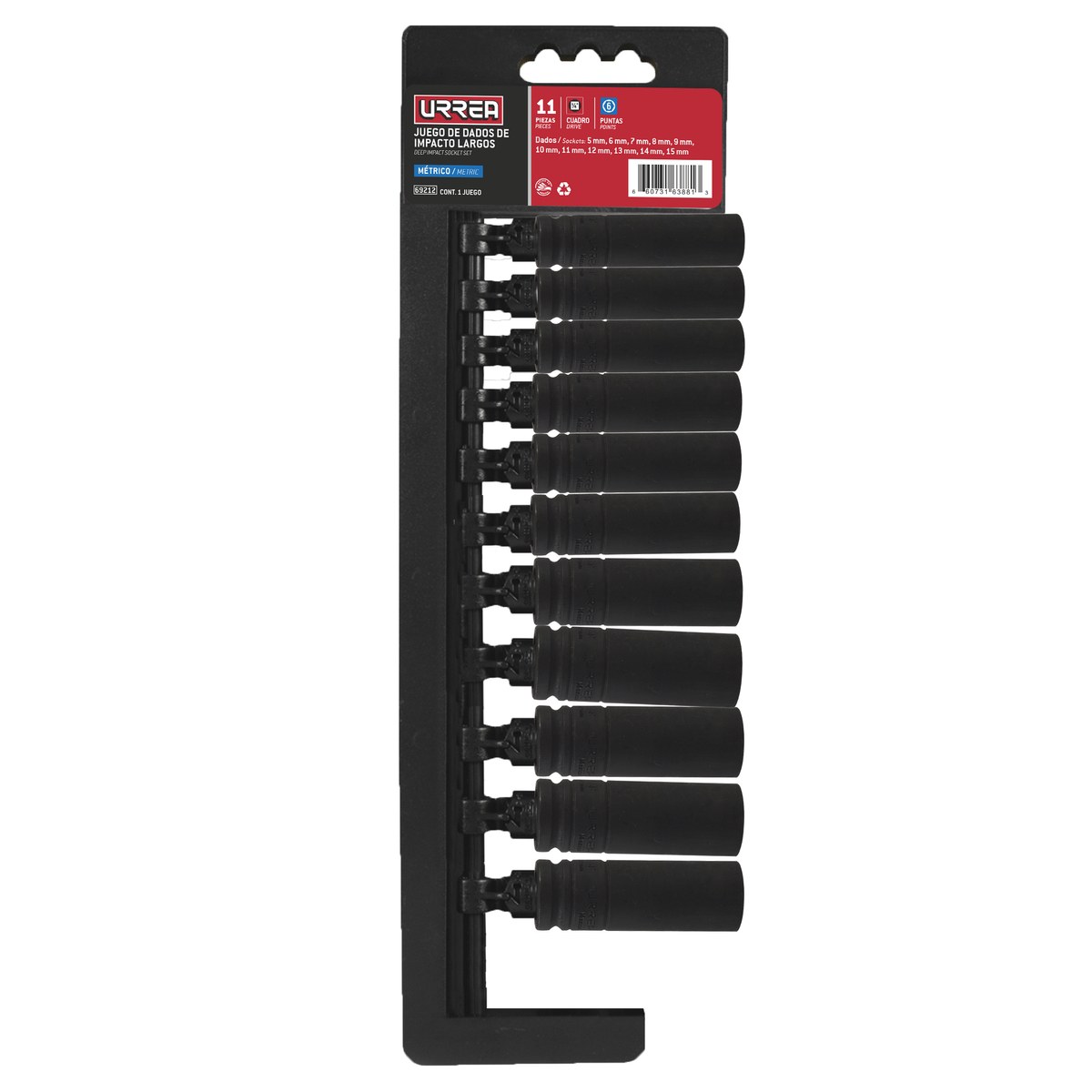Juego de dados largos de impacto cuadro de 1/4", 6 puntas, métricos, 11 piezas Urrea - Imagen 2