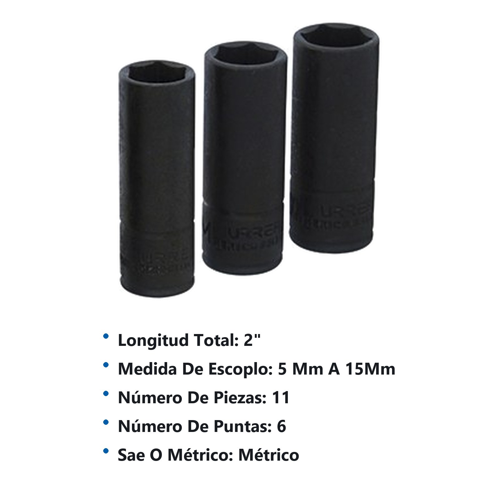 Juego de dados largos de impacto cuadro de 1/4", 6 puntas, métricos, 11 piezas Urrea - Imagen 3