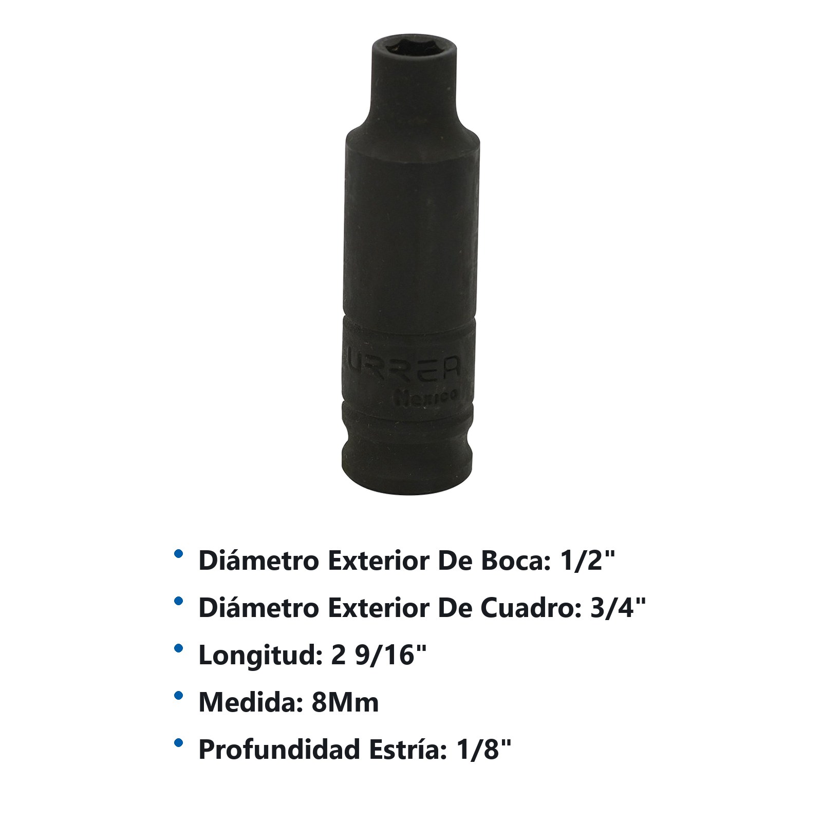 Dado de impacto largo cuadro de 3/8", 6 puntas, métrico, 8 mm Urrea - Imagen 3