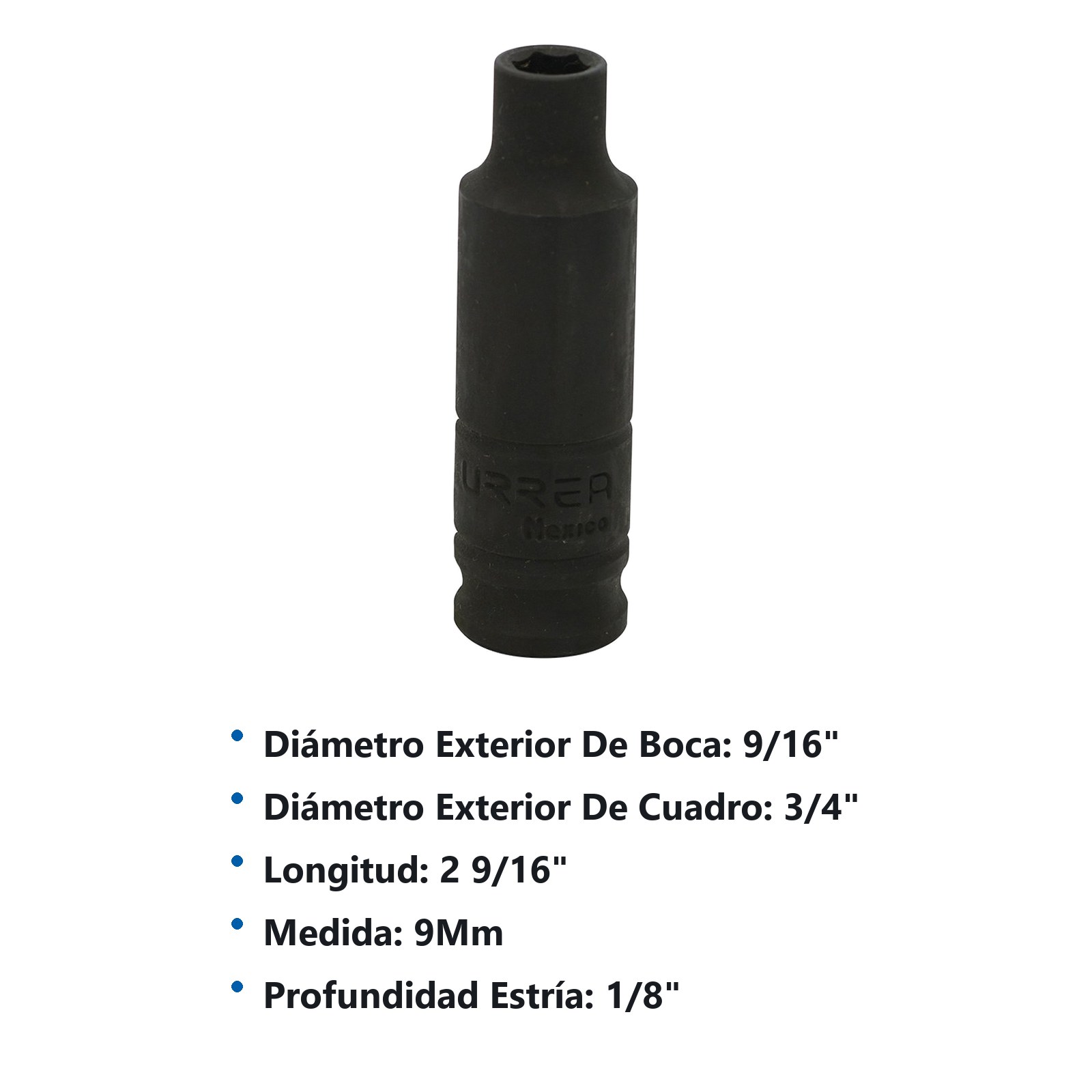 Dado de impacto largo cuadro de 3/8", 6 puntas, métrico, 9 mm Urrea - Imagen 3