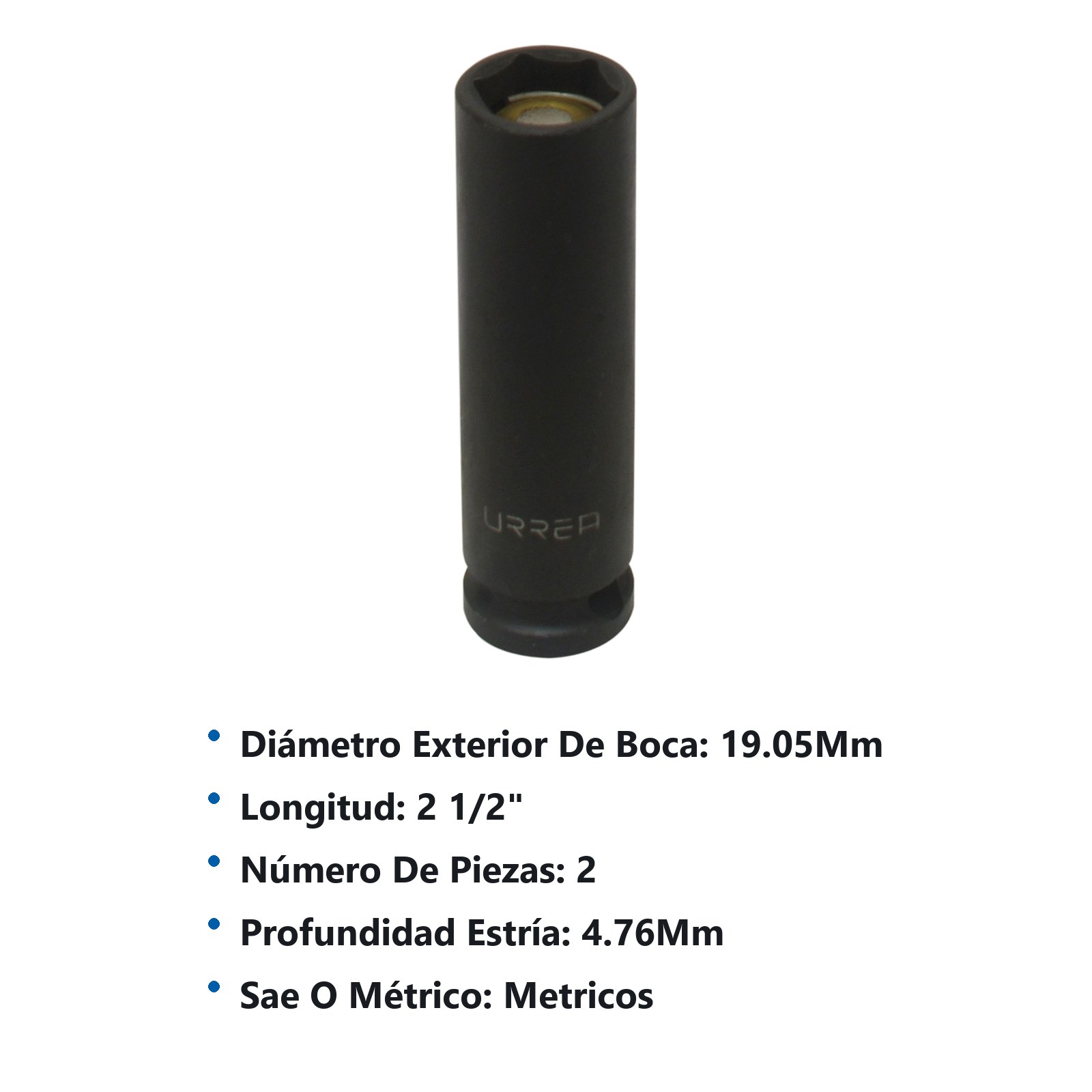 Dado de impacto largo con imán cuadro de 3/8", 6 puntas, métrico, 13 mm Urrea - Imagen 3