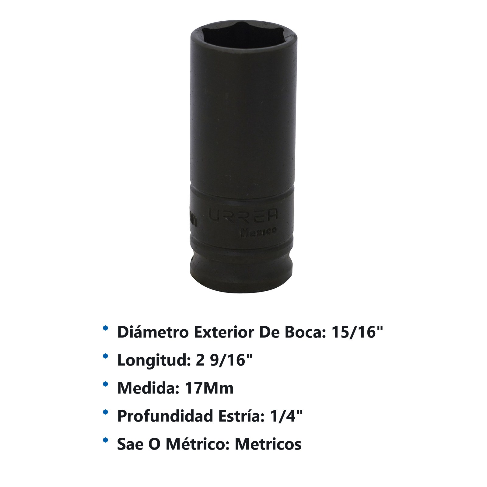 Dado de impacto largo cuadro de 3/8", 6 puntas, métrico, 17 mm Urrea - Imagen 3