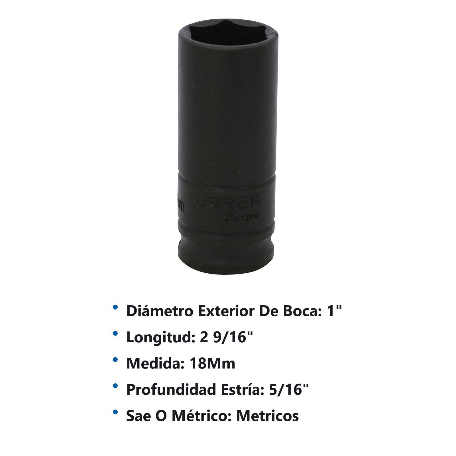 Dado de impacto largo cuadro de 3/8", 6 puntas, métrico, 18 mm Urrea - Imagen 3