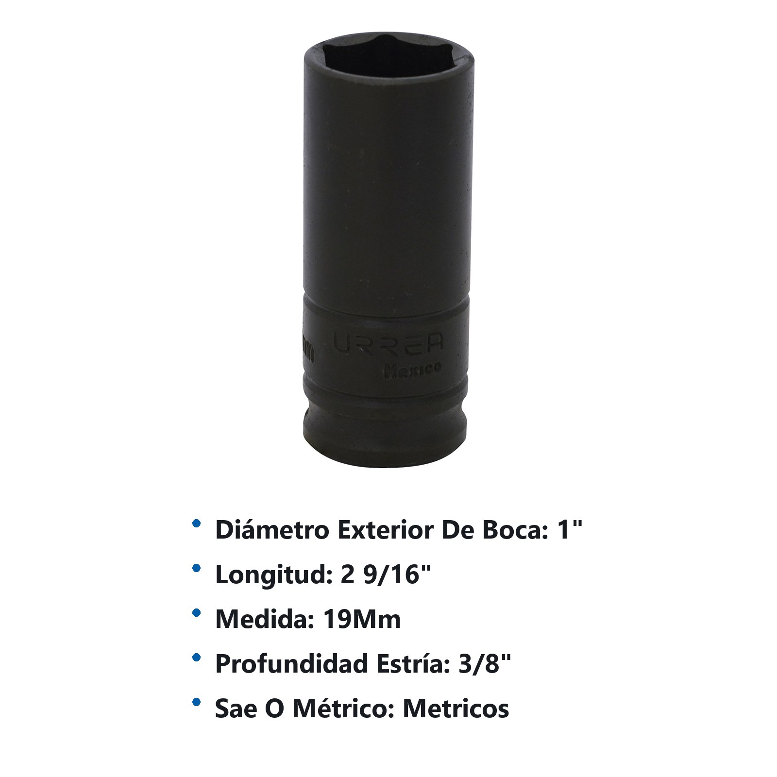 Dado de impacto largo cuadro de 3/8", 6 puntas, métrico, 19 mm Urrea - Imagen 3