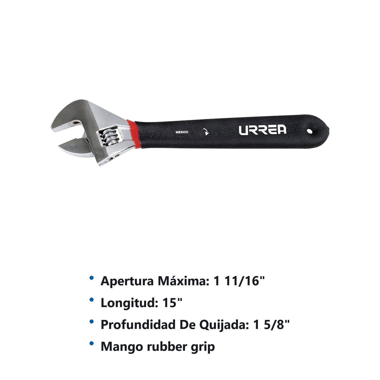 Llave ajustable cromada con mango Rubber grip 15" Urrea - Imagen 2