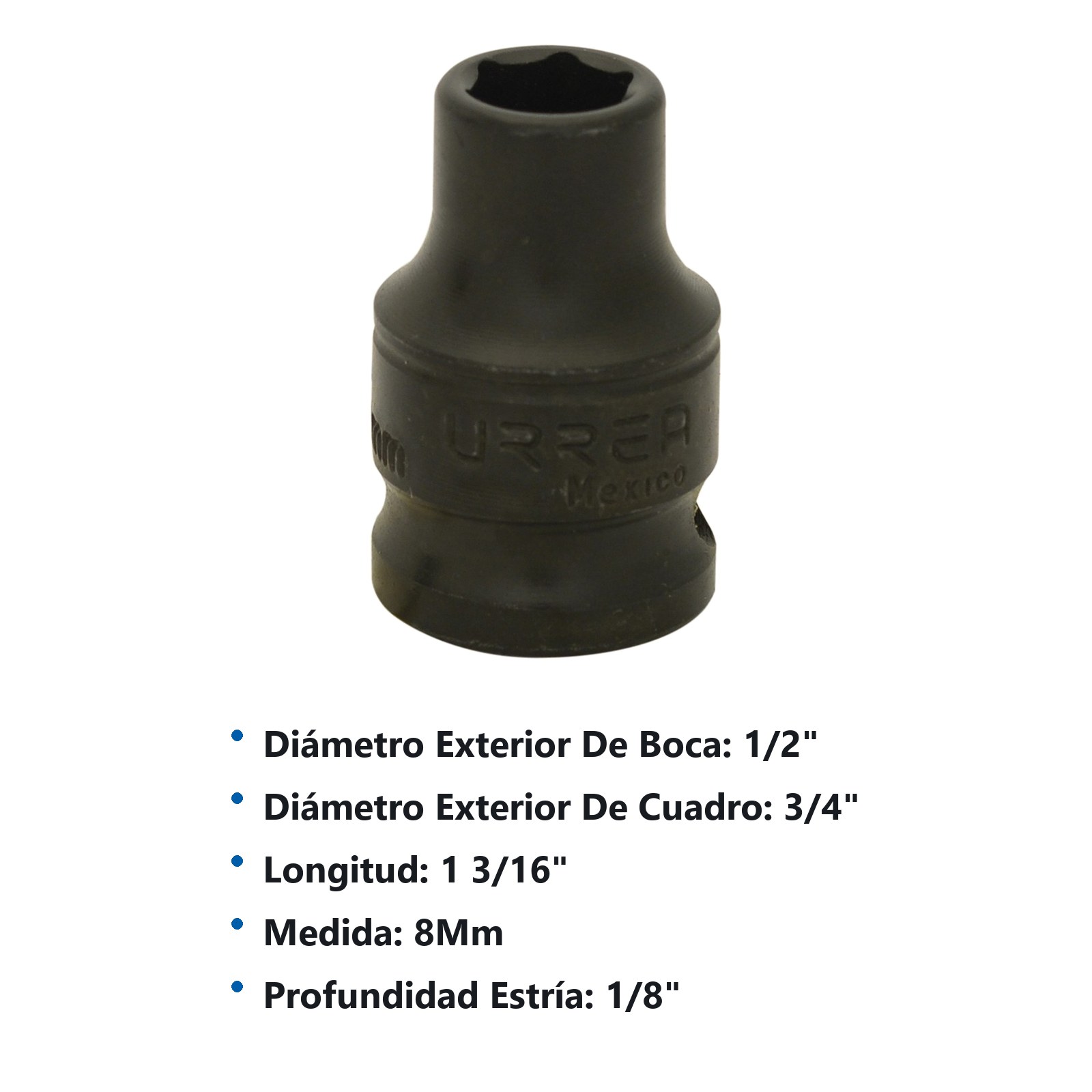 Dado de impacto cuadro de 3/8", 6 puntas, métrico, 8 mm Urrea - Imagen 3