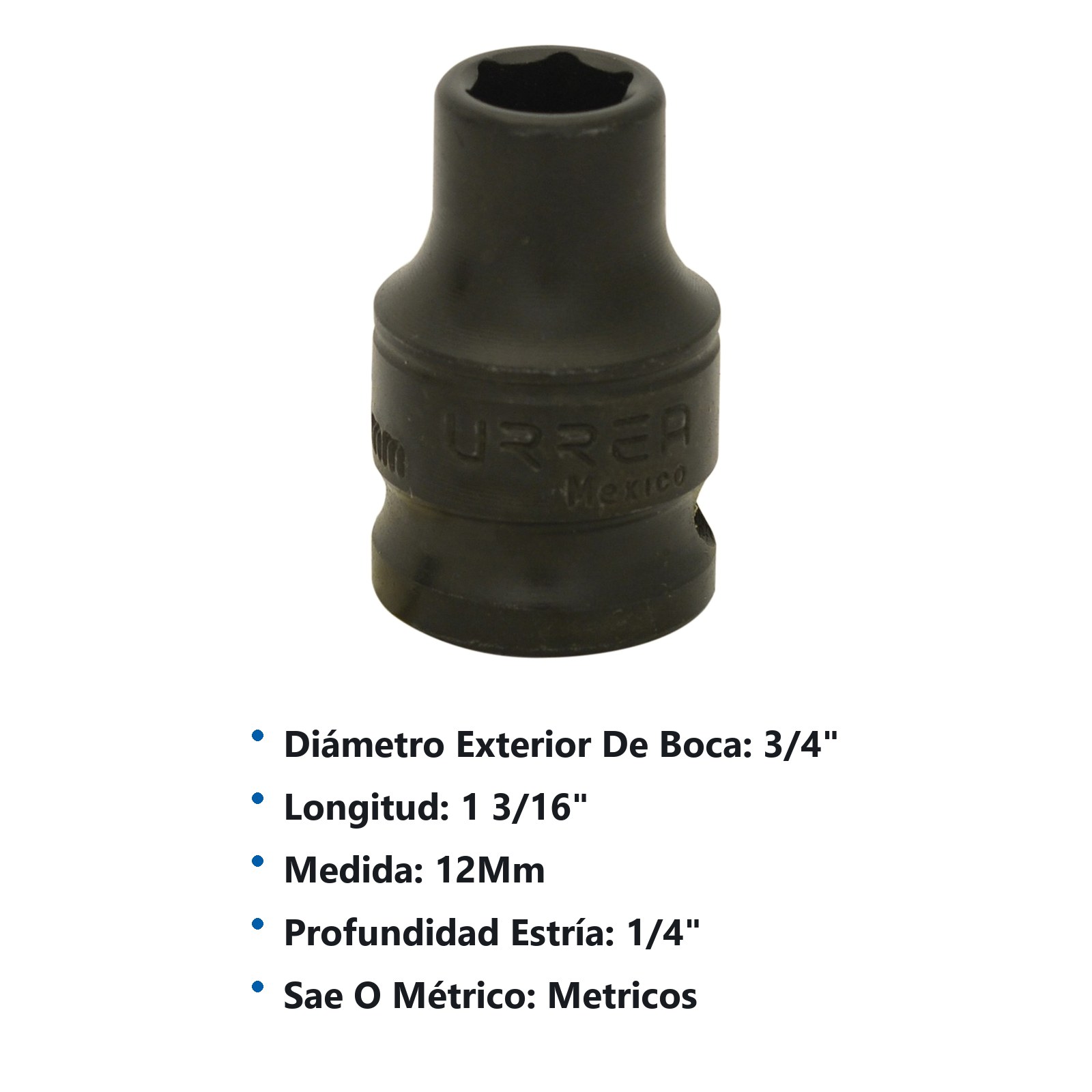 Dado de impacto cuadro de 3/8", 6 puntas, métrico, 12 mm Urrea - Imagen 3