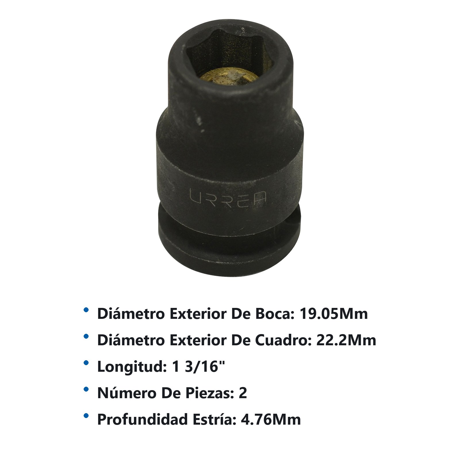 Dado de impacto con imán cuadro de 3/8", 6 puntas, métrico, 13 mm Urrea - Imagen 3