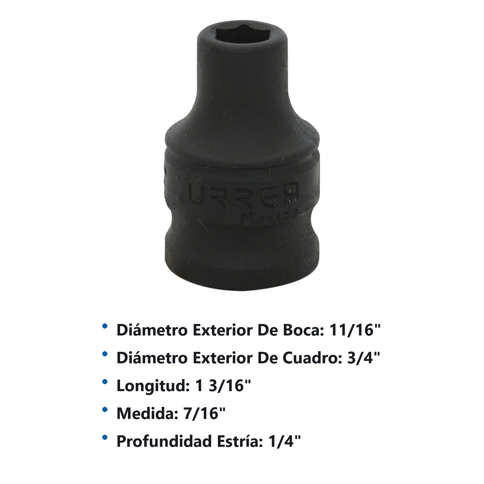 Dado de impacto cuadro de 3/8", 6 puntas, en pulgadas, 7/16" Urrea - Imagen 3