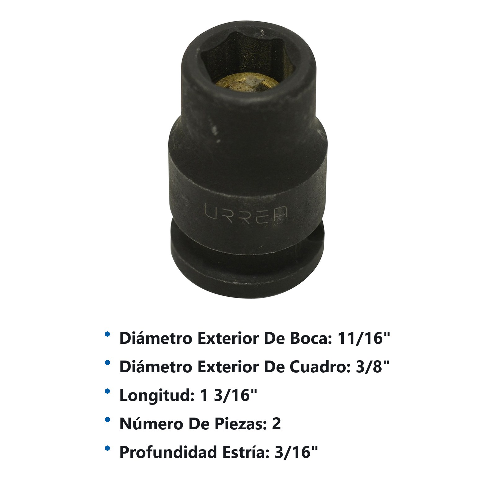 Dado de impacto con imán cuadro de 3/8", 6 puntas, en pulgadas, 7/16" Urrea - Imagen 3