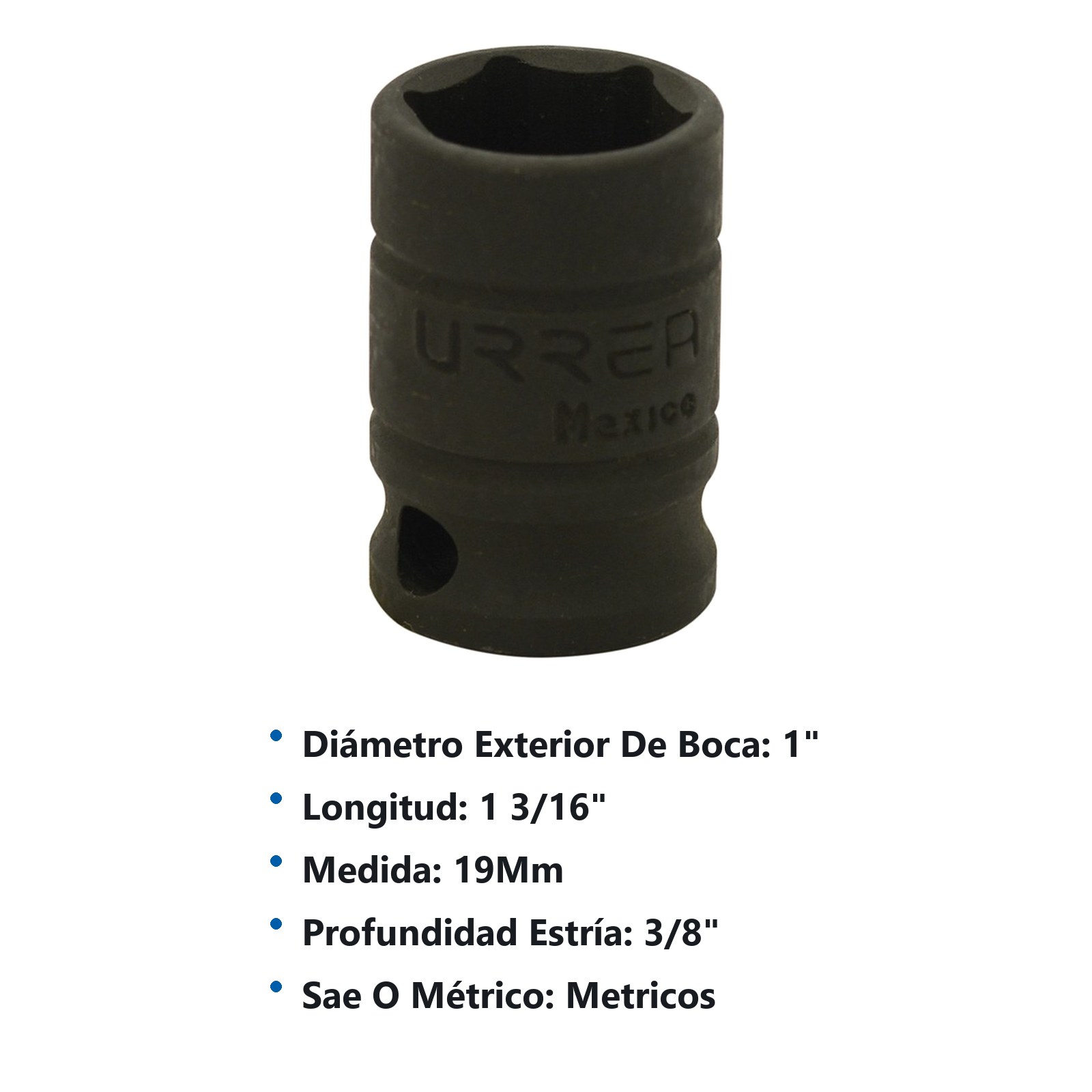 Dado de impacto cuadro de 3/8", 6 puntas, métrico, 19 mm Urrea - Imagen 3