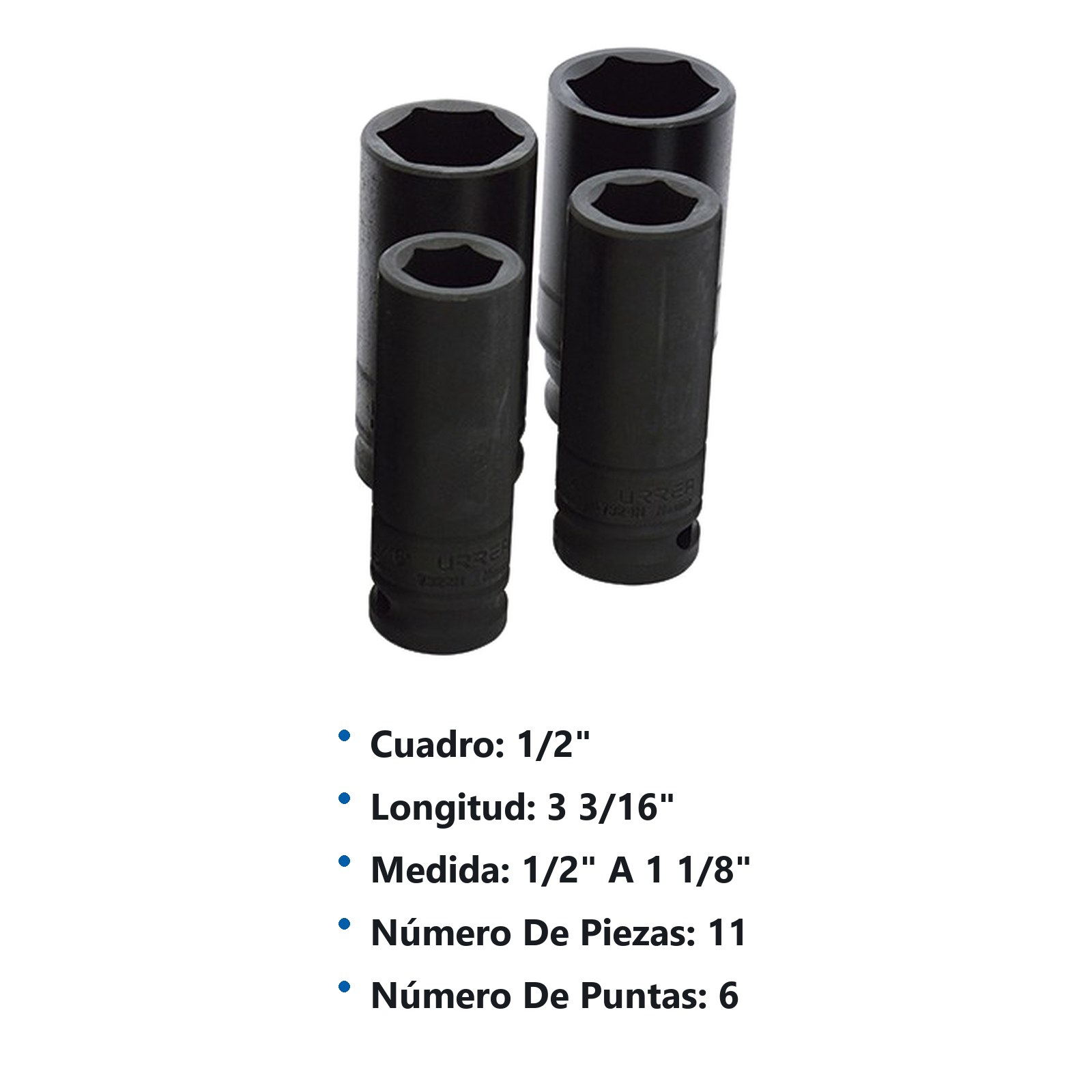 Juego de dados largos de impacto cuadro de 1/2", 6 puntas, en pulgadas, 11 piezas Urrea - Imagen 2