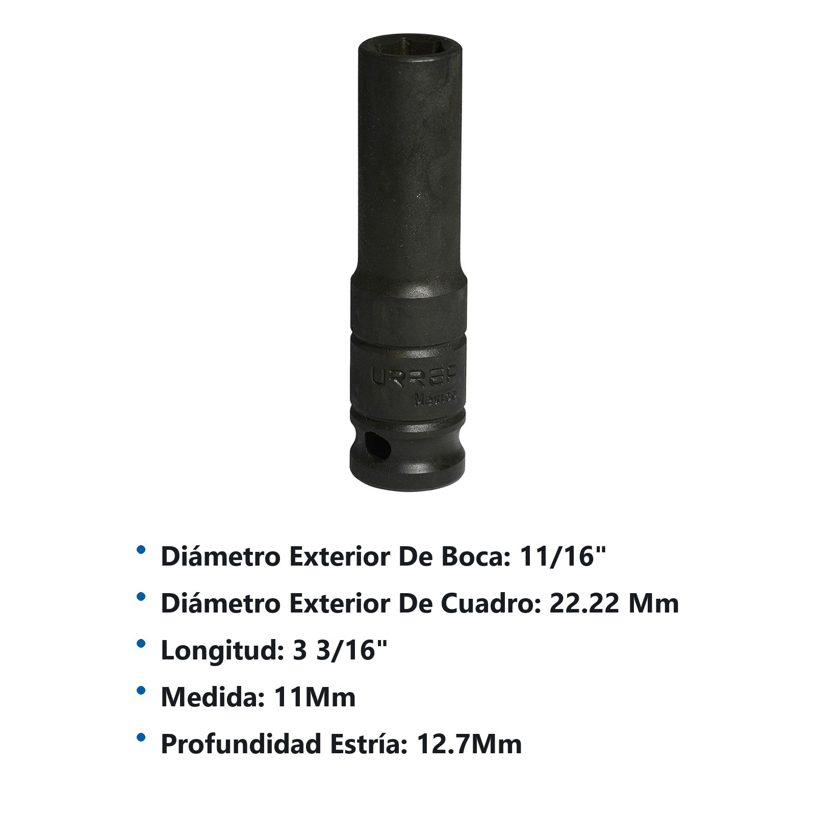 Dado de impacto largo cuadro de 1/2", 6 puntas, métrico, 11 mm Urrea - Imagen 3