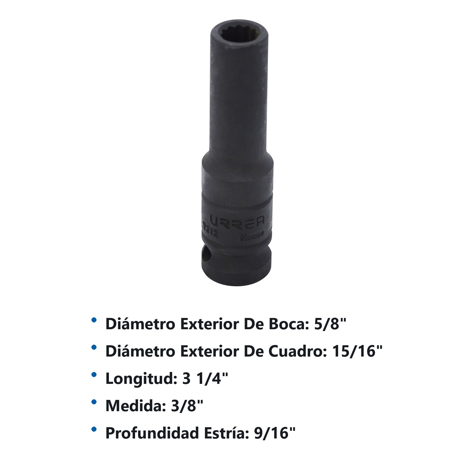 Dado de impacto largo cuadro de 1/2", 12 puntas, en pulgadas, 3/8" Urrea - Imagen 3