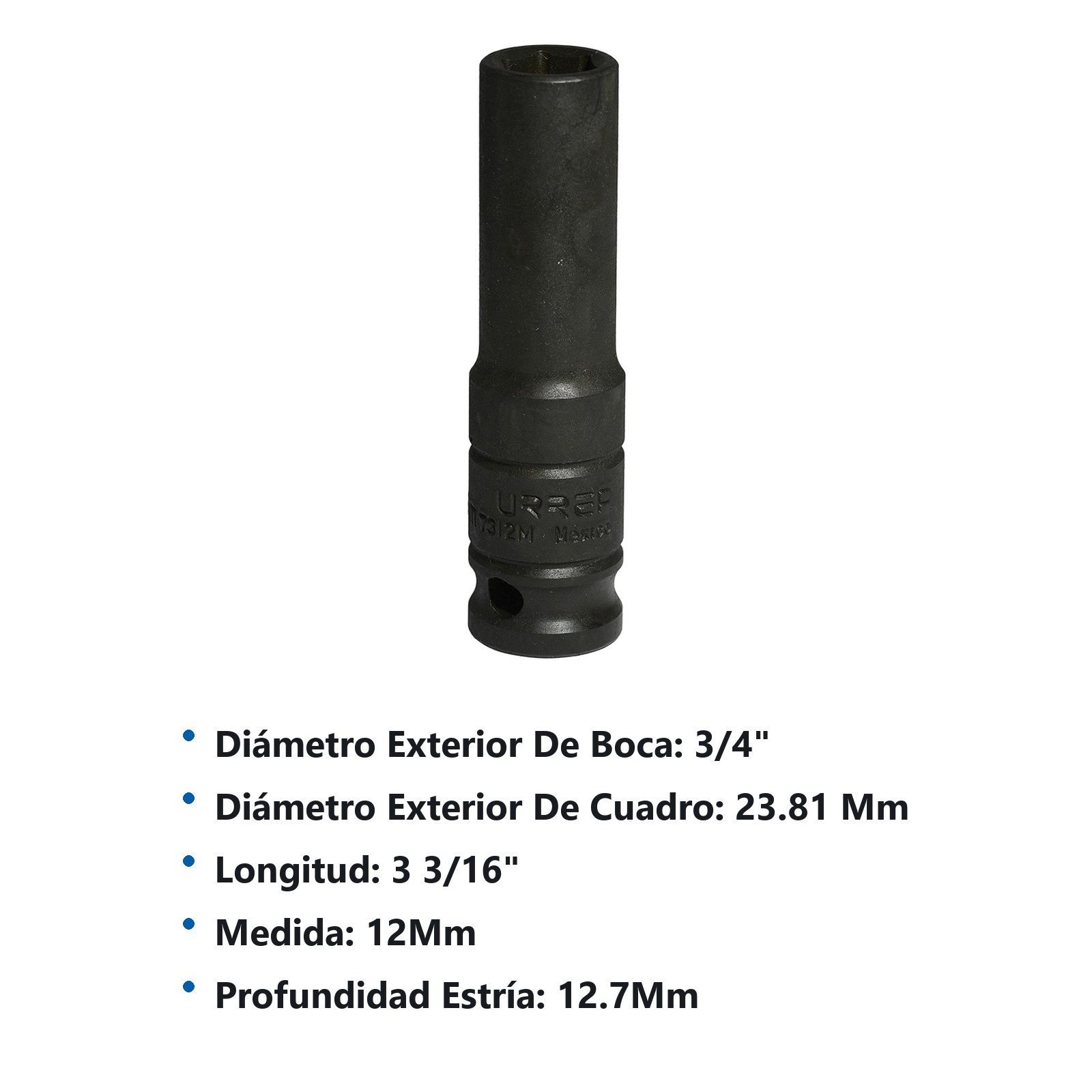 Dado de impacto largo cuadro de 1/2", 6 puntas, métrico, 12 mm Urrea - Imagen 3