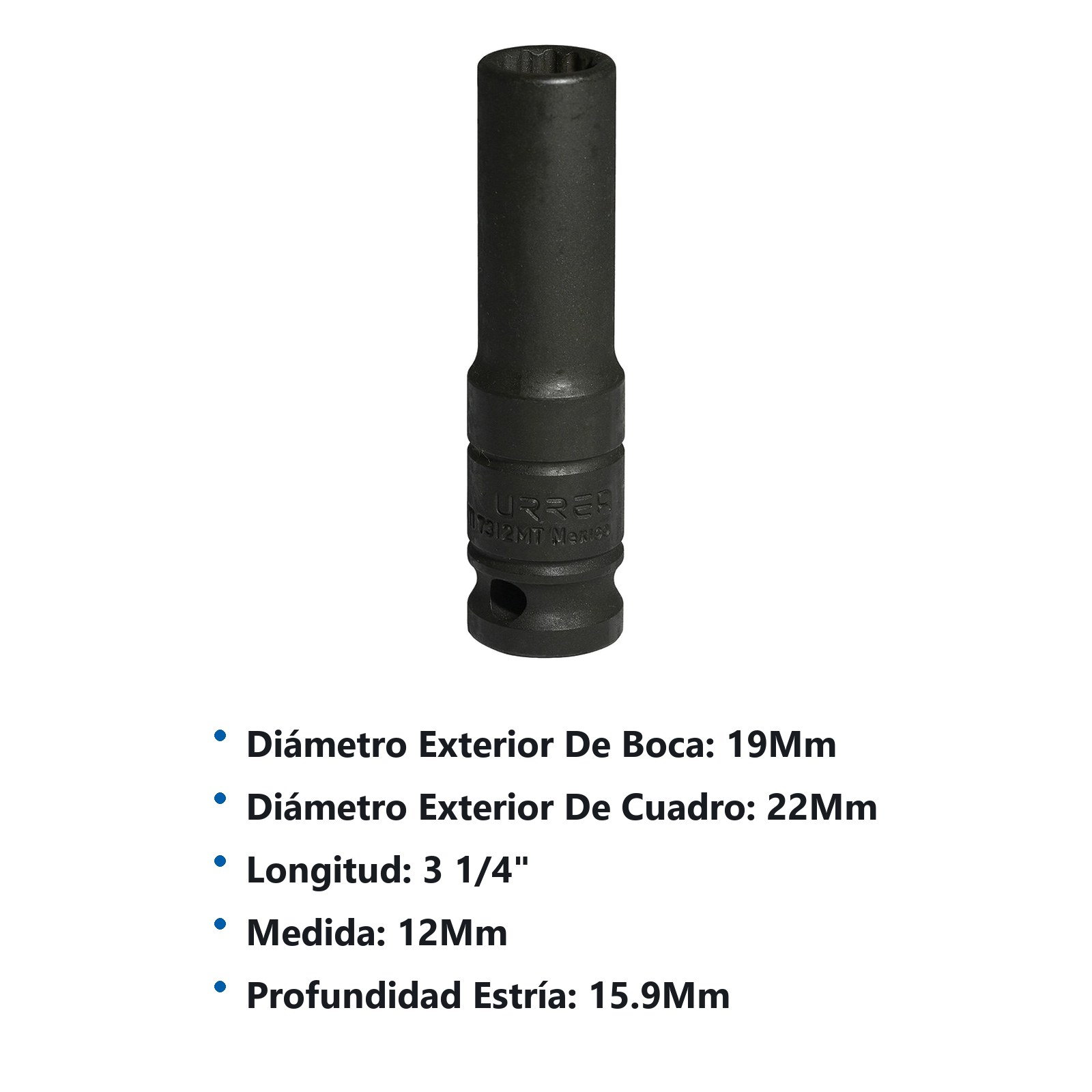 Dado de impacto largo cuadro de 1/2", 12 puntas, métrico, 12 mm Urrea - Imagen 2