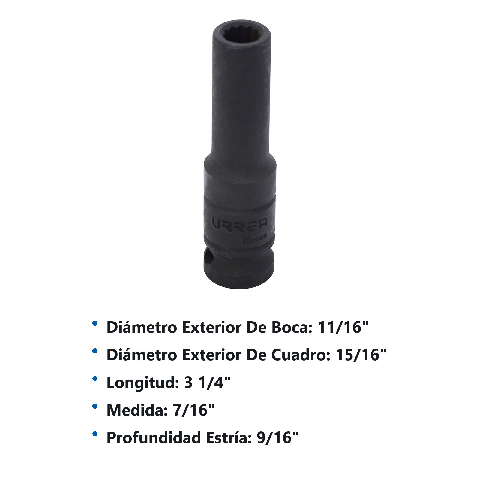 Dado de impacto largo cuadro de 1/2", 12 puntas, en pulgadas, 7/16" Urrea - Imagen 3