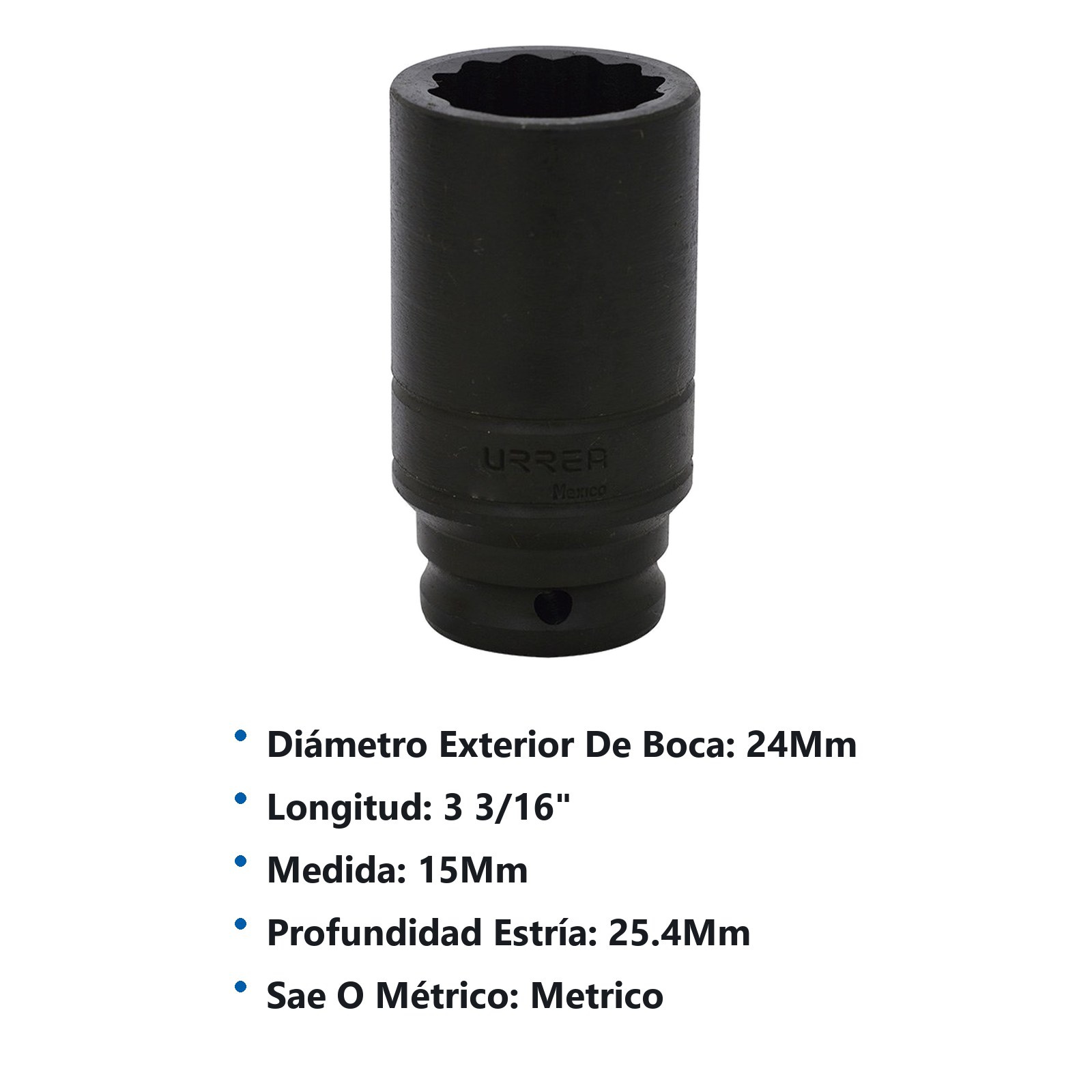 Dado de impacto largo cuadro de 1/2", 12 puntas, métrico, 15 mm Urrea - Imagen 2